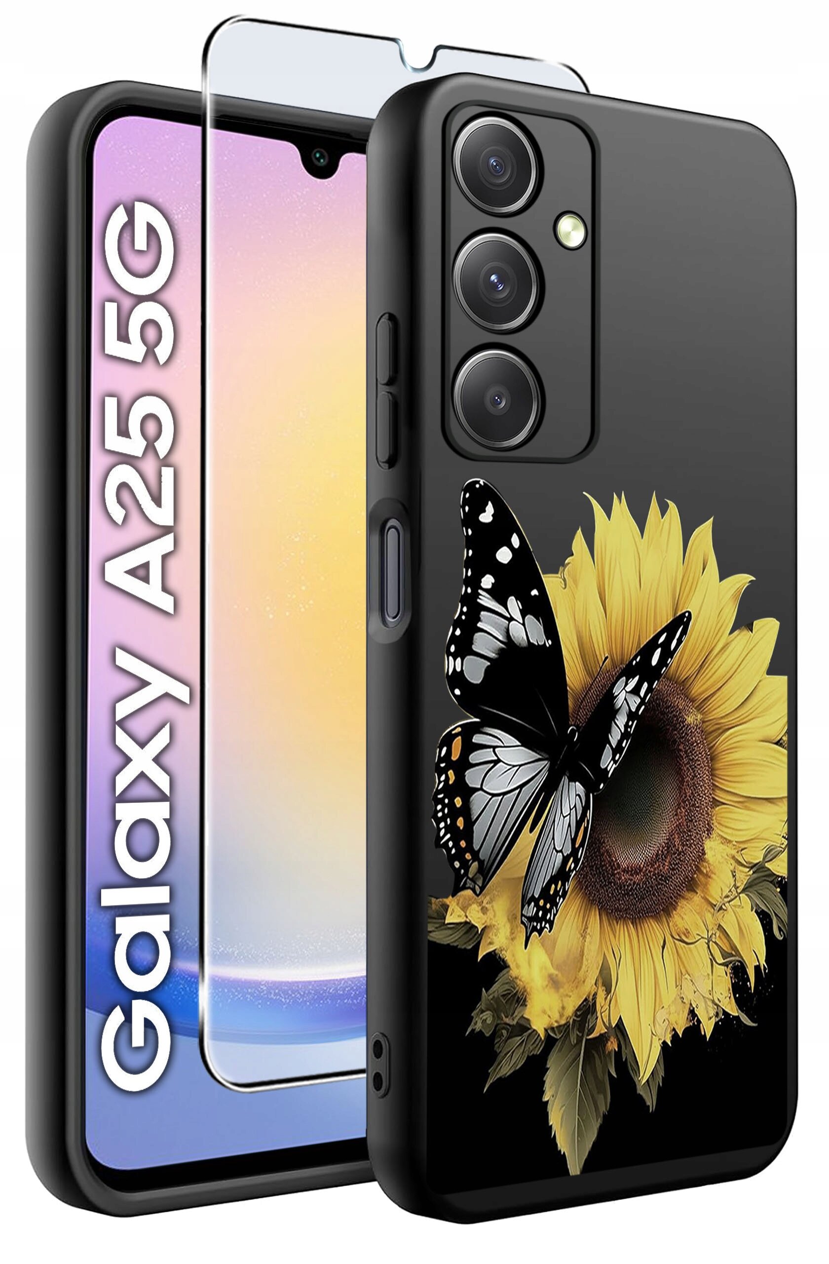 Obraz przedstawia czarne etui na telefon z nadrukiem słonecznika i motyla oraz szkło hartowane. Na ekranie telefonu widoczny jest tekst \'Galaxy A25 5G\'.