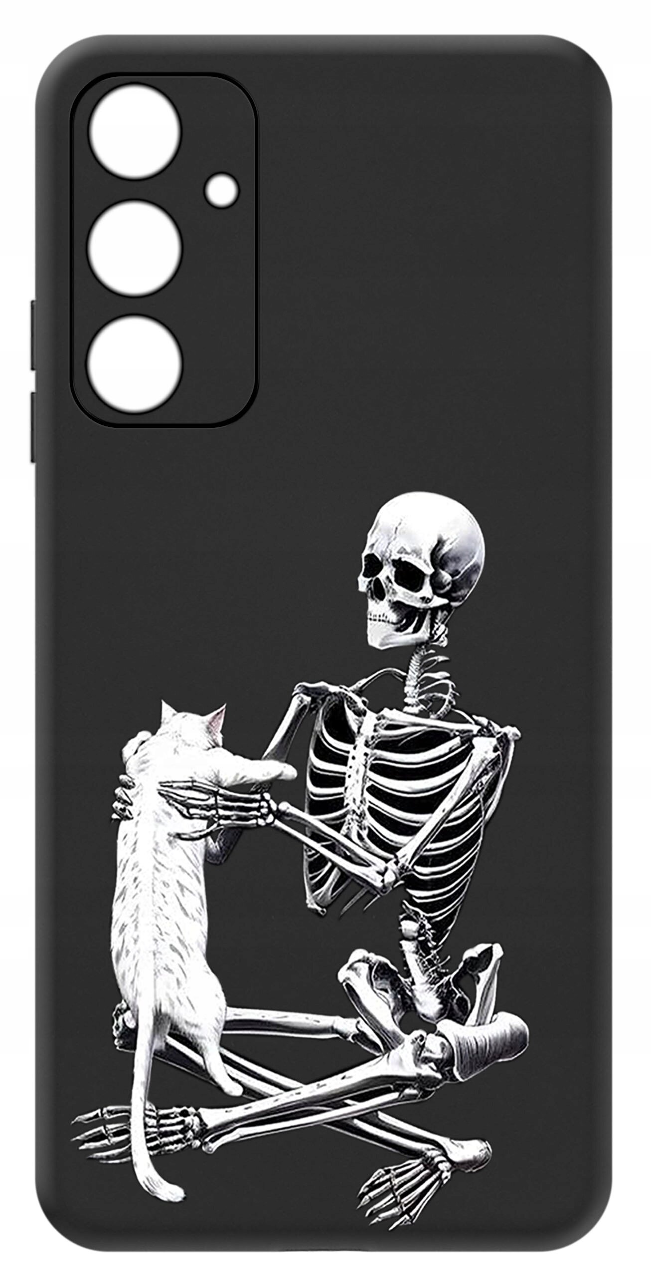 Czarne etui na telefon z nadrukiem szkieletu trzymającego kota. Etui ma wycięcia na trzy obiektywy aparatu i lampę błyskową.
