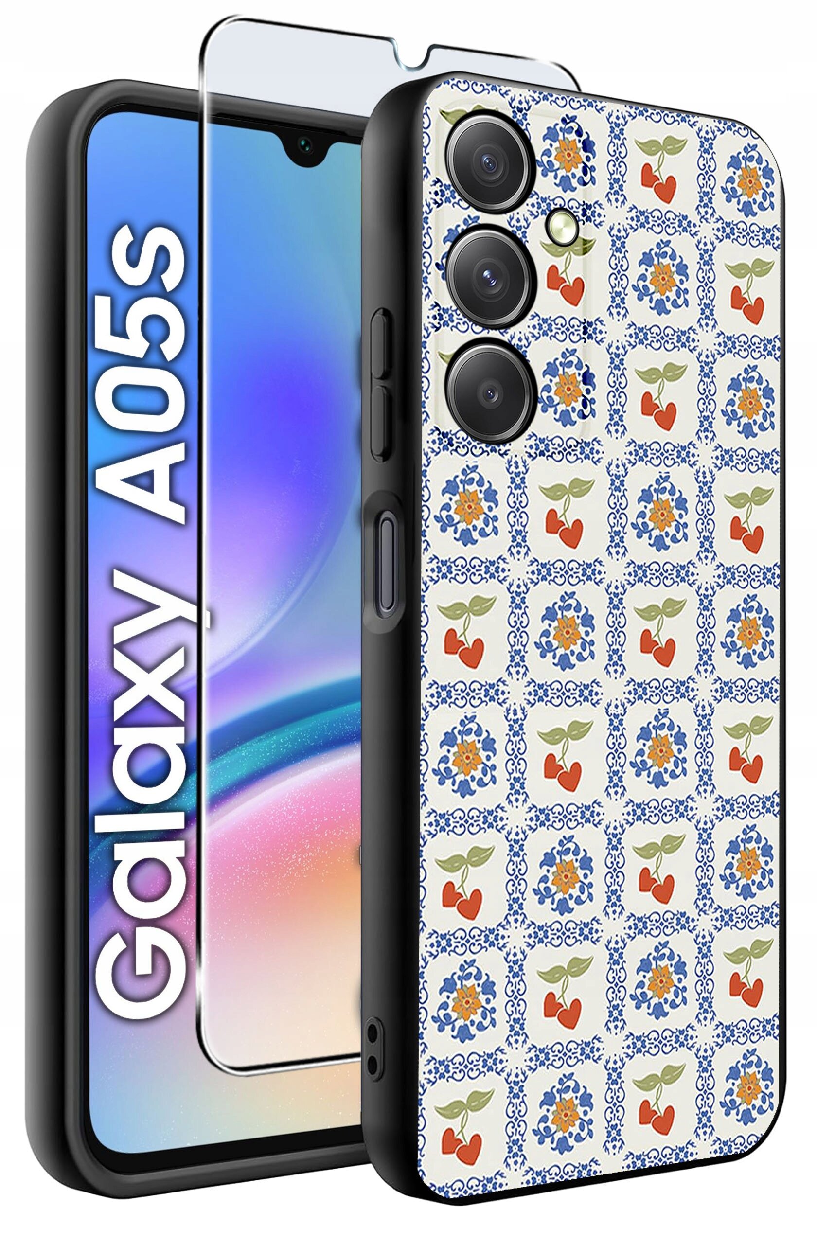 Obraz przedstawia etui na telefon z wzorem w kwiaty i owoce oraz szkło ochronne. Na ekranie telefonu widoczny jest napis \'Galaxy A05s\'.