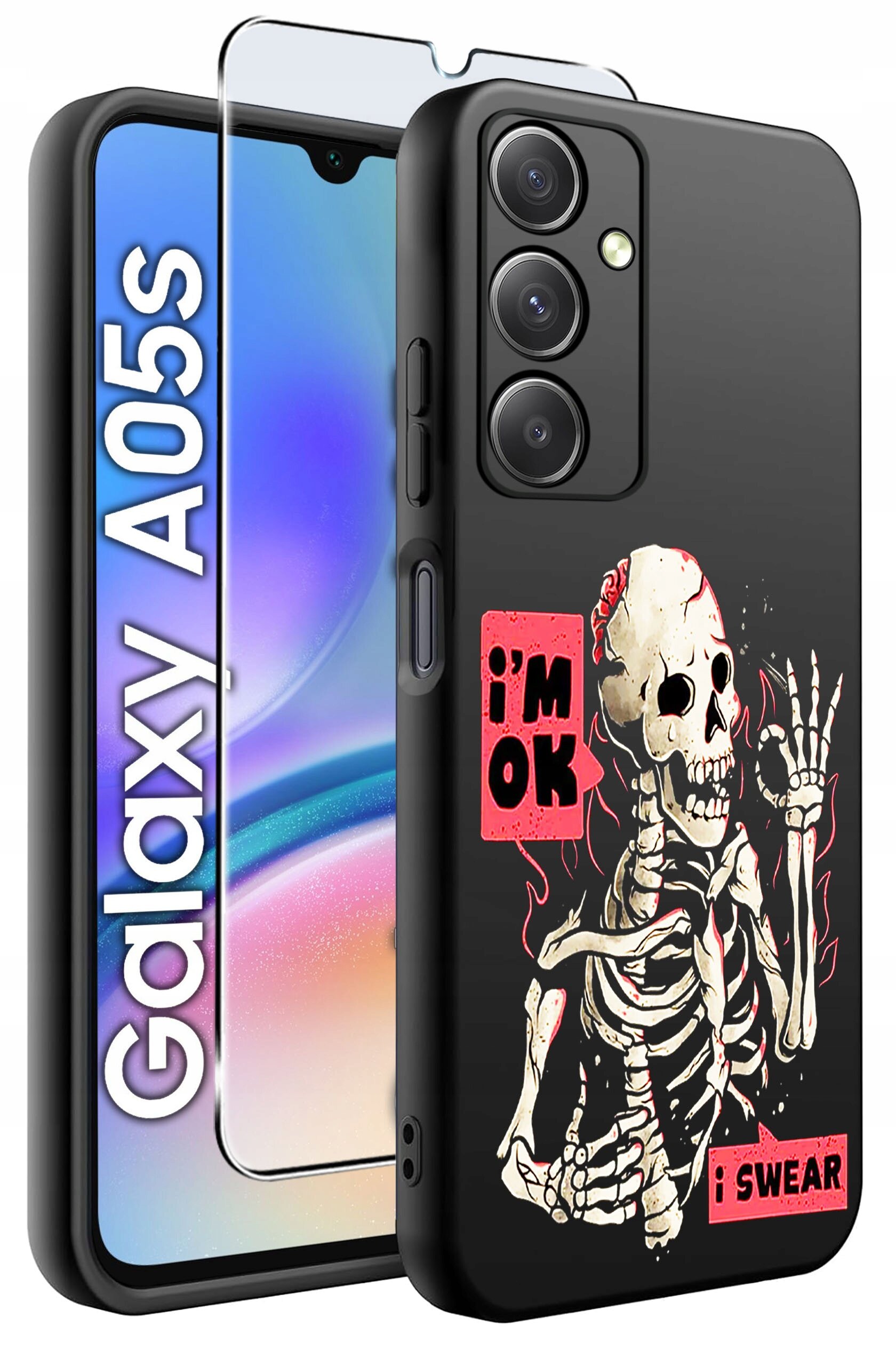 Obraz przedstawia czarne etui na telefon z nadrukiem szkieletu oraz napisami \'i\'m OK\' i \'i SWEAR\'. Obok etui widoczny jest telefon z napisem \'Galaxy A05s\' oraz szkło ochronne.