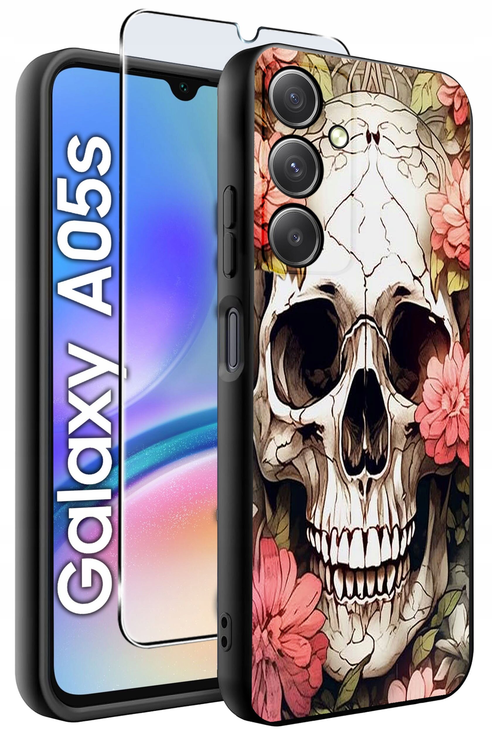 Obraz przedstawia etui na telefon z motywem czaszki otoczonej kwiatami oraz szkło ochronne. Obok widoczny jest telefon z napisem \'Galaxy A05s\'.