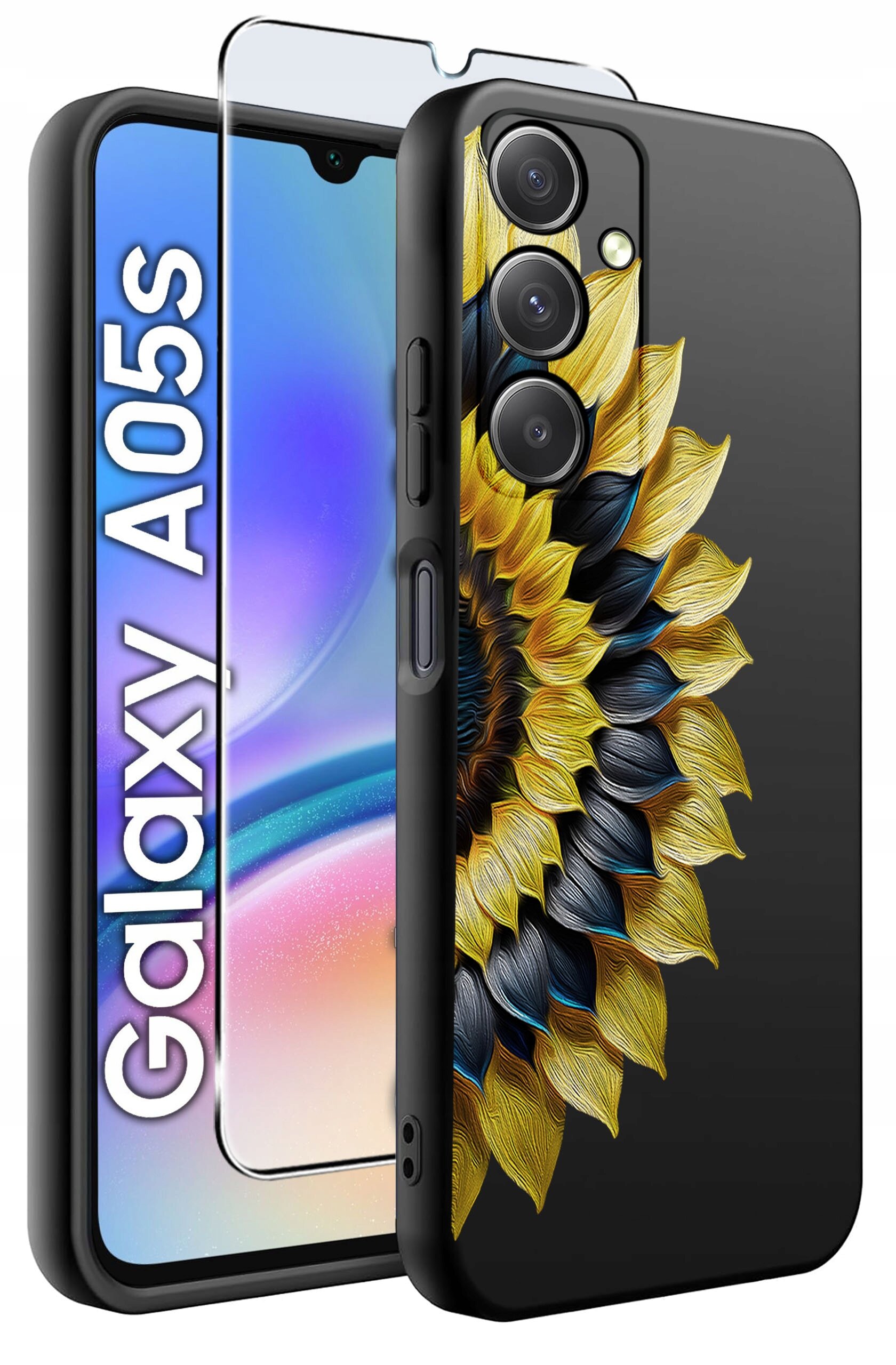 Obraz przedstawia etui na telefon z wzorem słonecznika oraz szkło ochronne. Na ekranie telefonu widoczny jest napis \'Galaxy A05s\'.