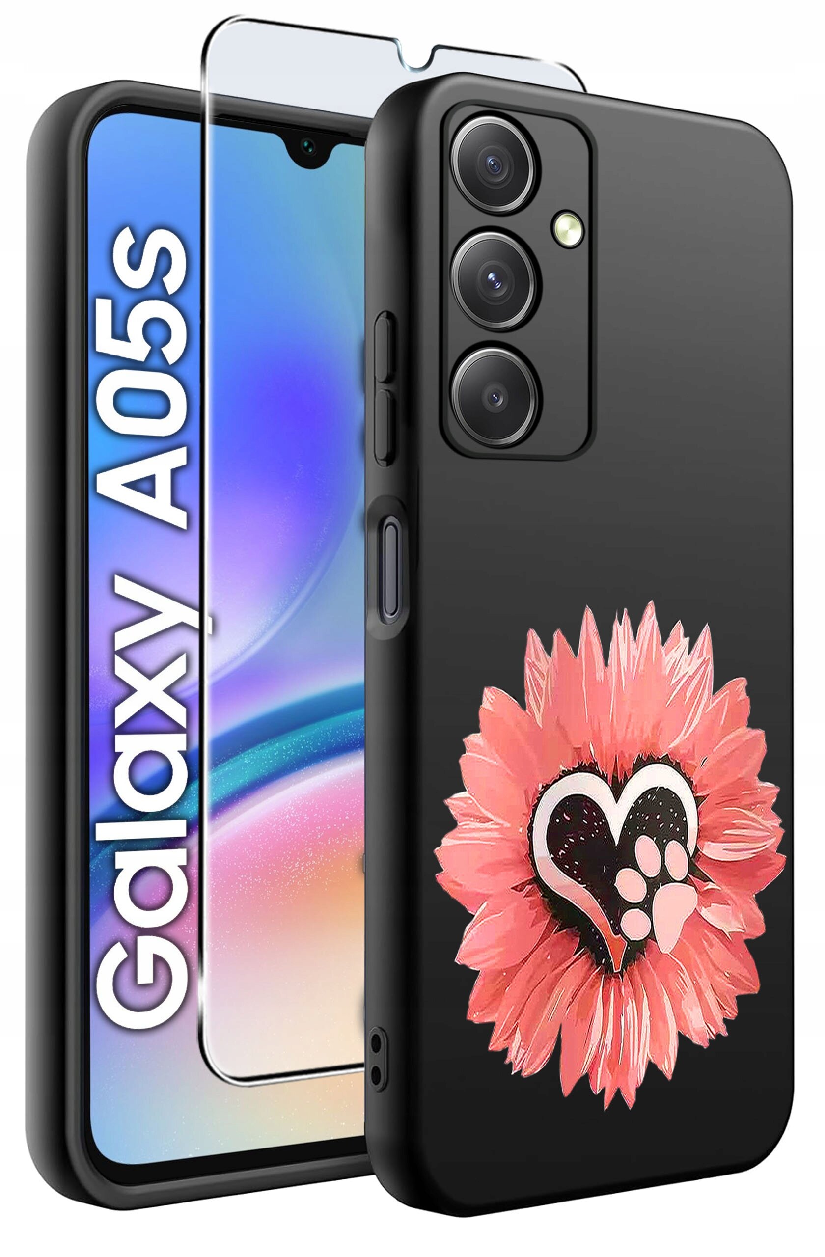 Obraz przedstawia czarne etui na telefon z różowym kwiatem i sercem z odciskiem łapy. Obok etui widoczny jest telefon z napisem \'Galaxy A05s\' oraz szkło ochronne.