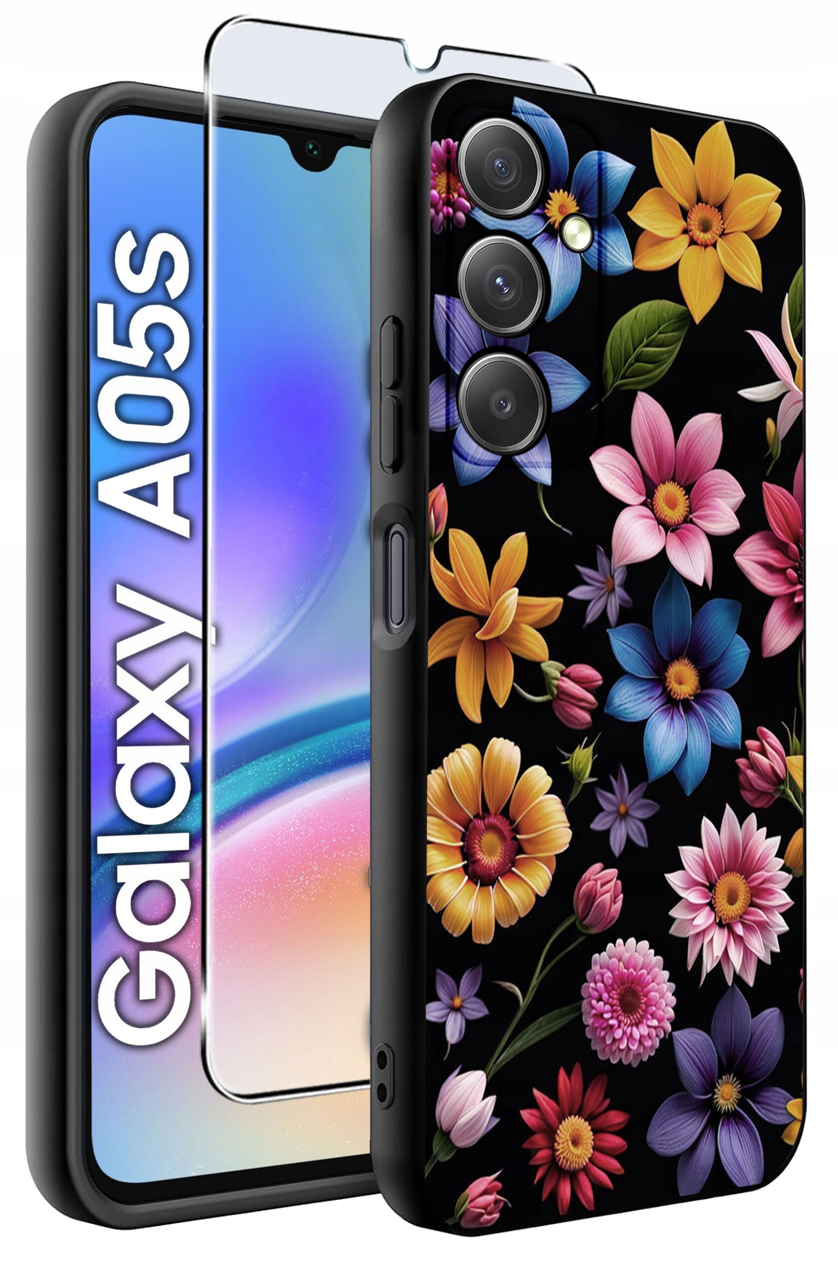 Obraz przedstawia etui na telefon z kolorowym wzorem kwiatów na czarnym tle oraz szkło ochronne. Obok widoczny jest telefon z napisem \'Galaxy A05s\'.