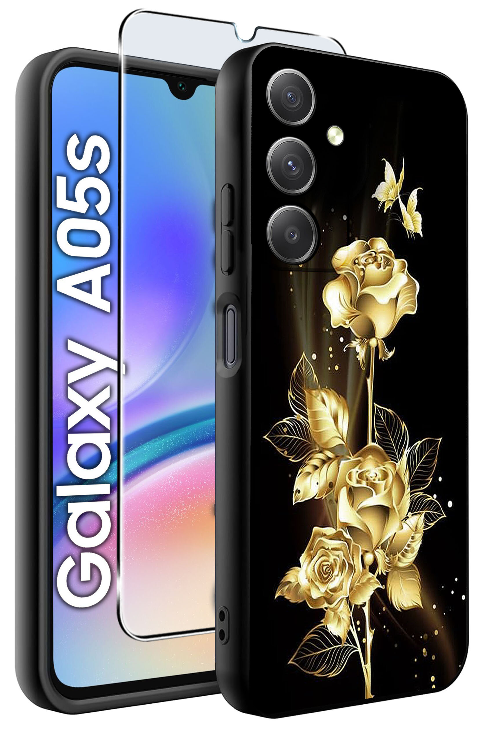 Obraz przedstawia etui na telefon z czarnym tłem i złotym wzorem kwiatów oraz motyli. Obok etui widoczny jest telefon z napisem \'Galaxy A05s\' oraz szkło ochronne.
