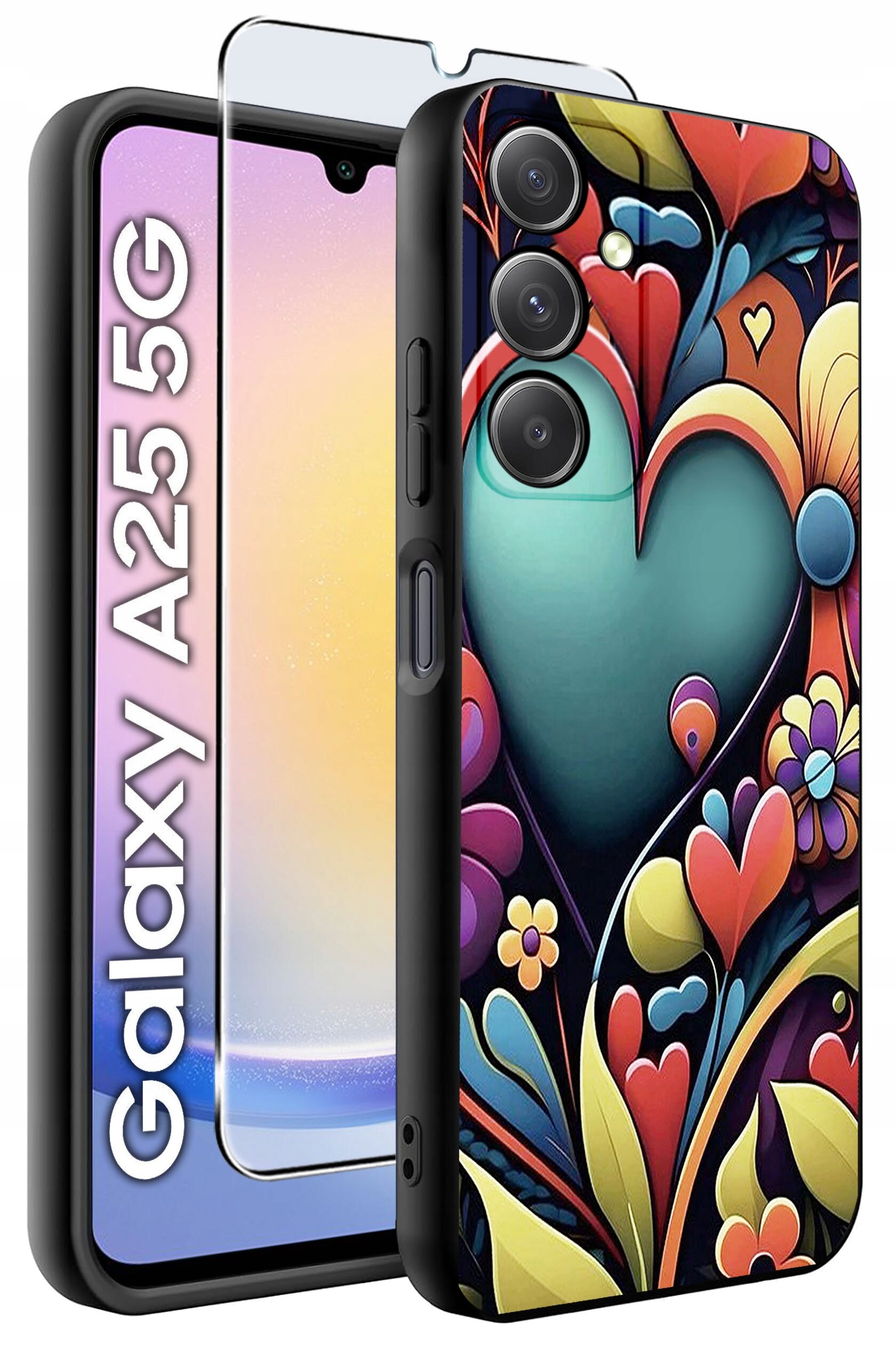 Obraz przedstawia etui na telefon z kolorowym wzorem serca i kwiatów oraz szkło hartowane. Na ekranie telefonu widoczny jest napis \'Galaxy A25 5G\'.