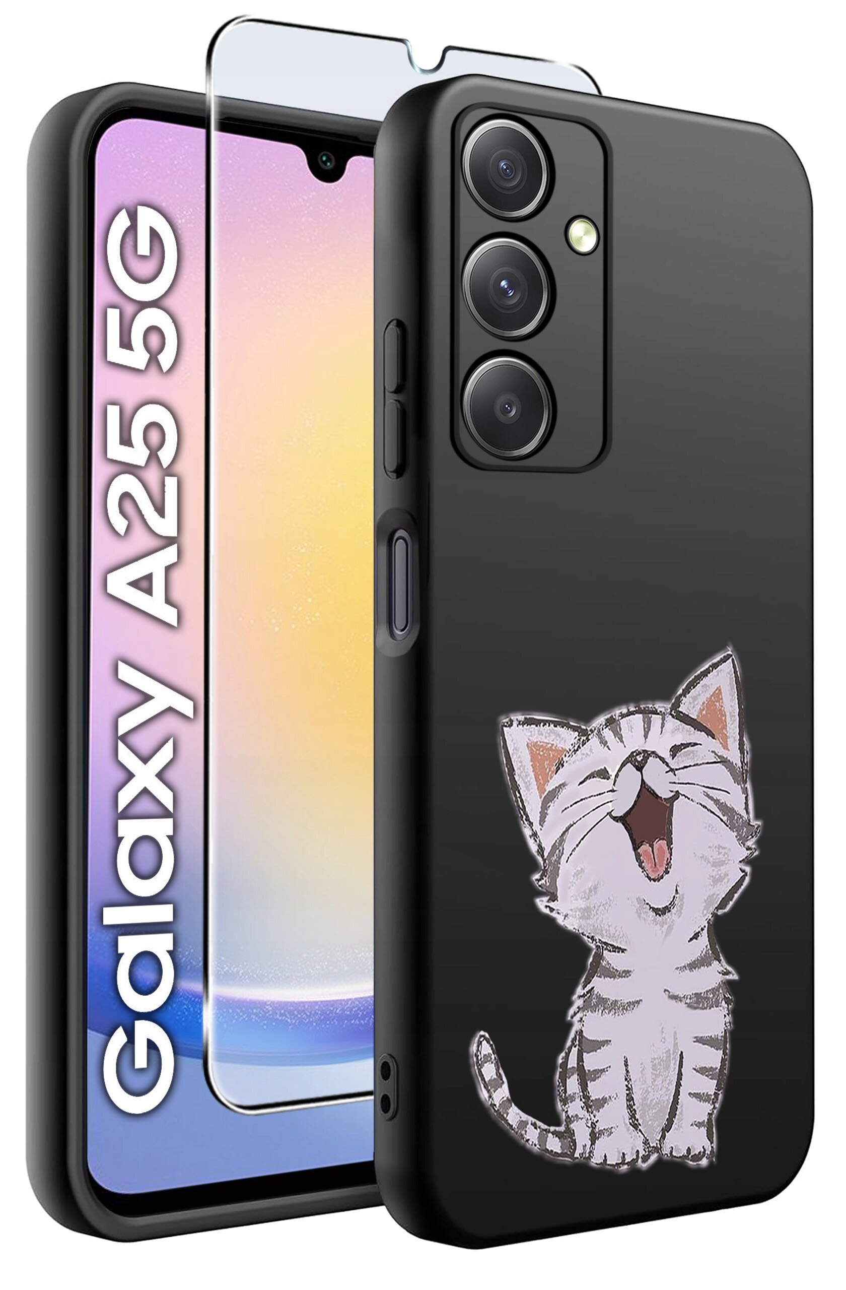 Czarne etui na telefon z nadrukiem uśmiechniętego kota oraz szkło hartowane. Obok widoczny jest napis \'Galaxy A25 5G\'.