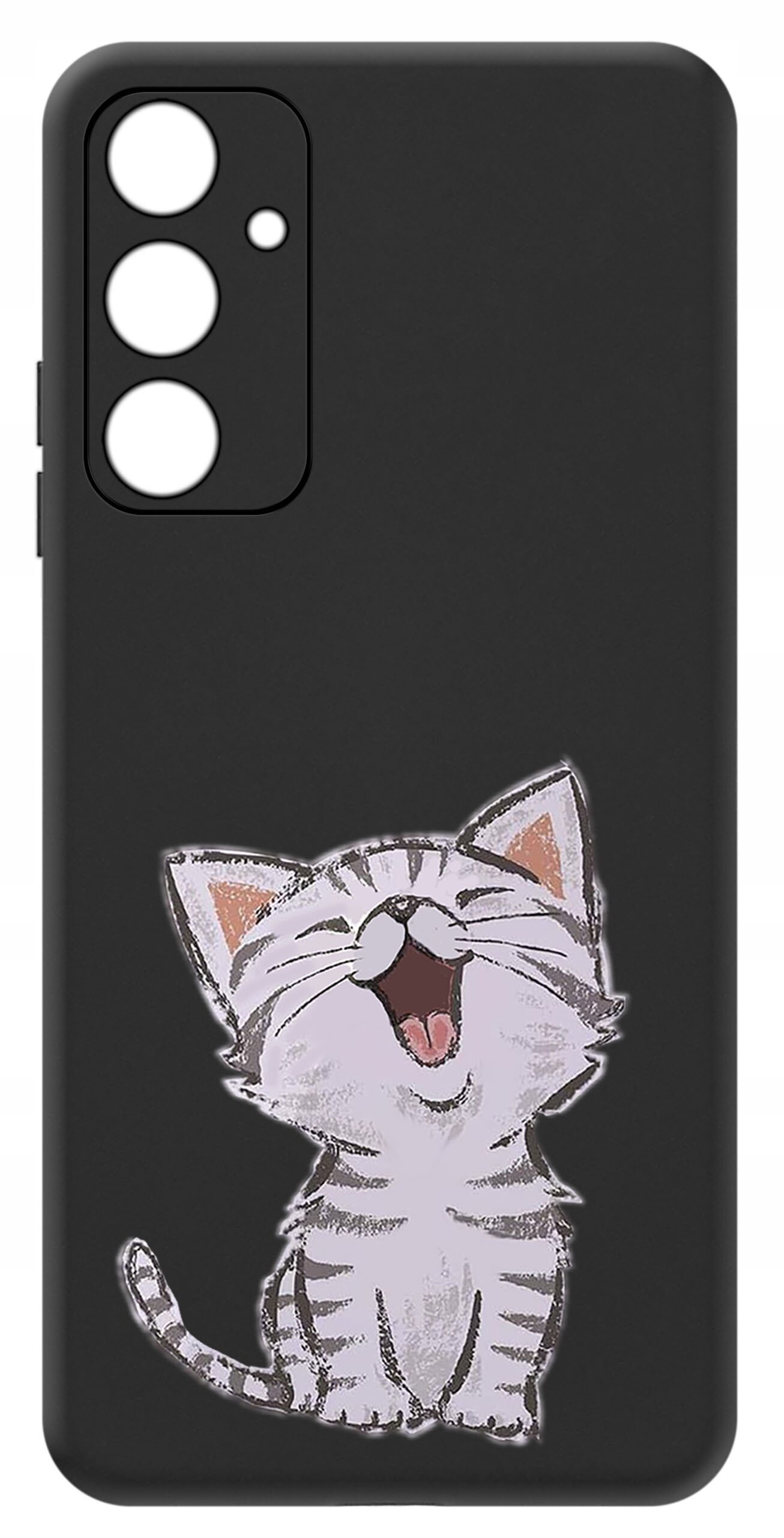 Czarne etui na telefon z nadrukiem uśmiechniętego kota w stylu kreskówkowym. Etui posiada wycięcia na trzy obiektywy aparatu i lampę błyskową.