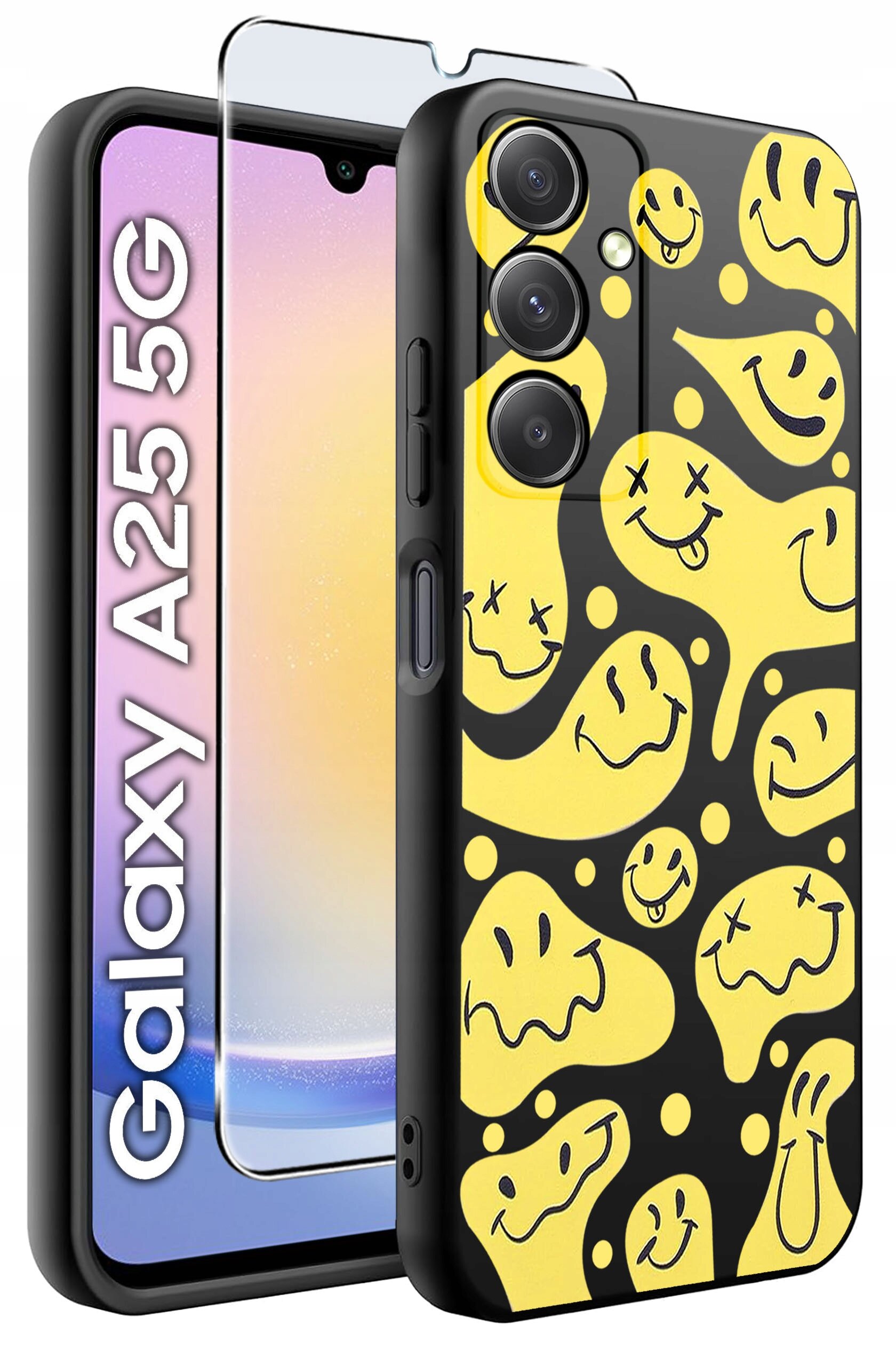 Obraz przedstawia etui na telefon z żółtymi wzorami uśmiechniętych twarzy na czarnym tle oraz szkło hartowane. Obok widoczny jest napis \'Galaxy A25 5G\'.