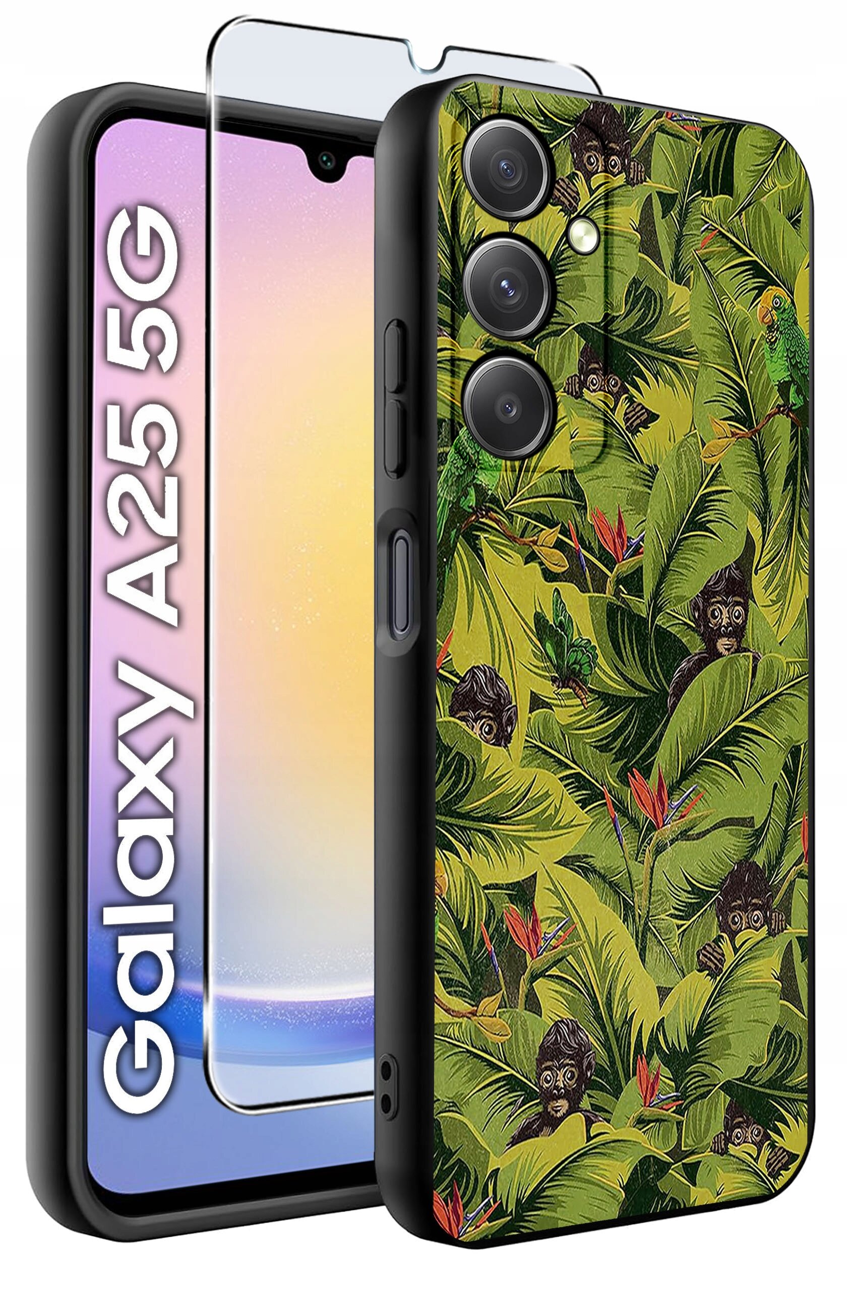 Obraz przedstawia etui na telefon z motywem tropikalnym, z liśćmi i małpami, oraz szkło hartowane. Obok widoczny jest napis \'Galaxy A25 5G\'.