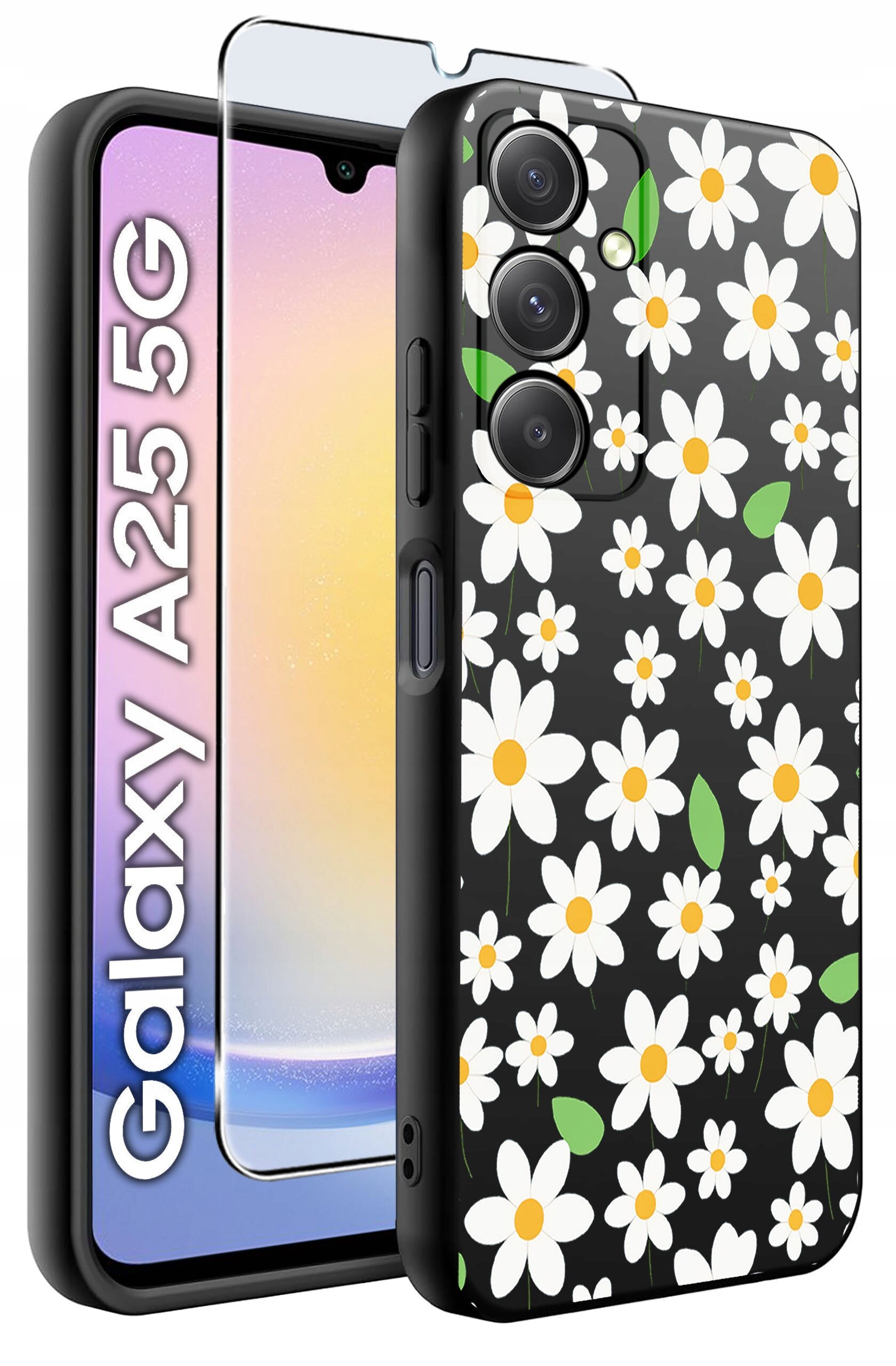 Obraz przedstawia etui na telefon z wzorem białych kwiatów na czarnym tle oraz szkło hartowane. Obok widoczny jest napis \'Galaxy A25 5G\'.