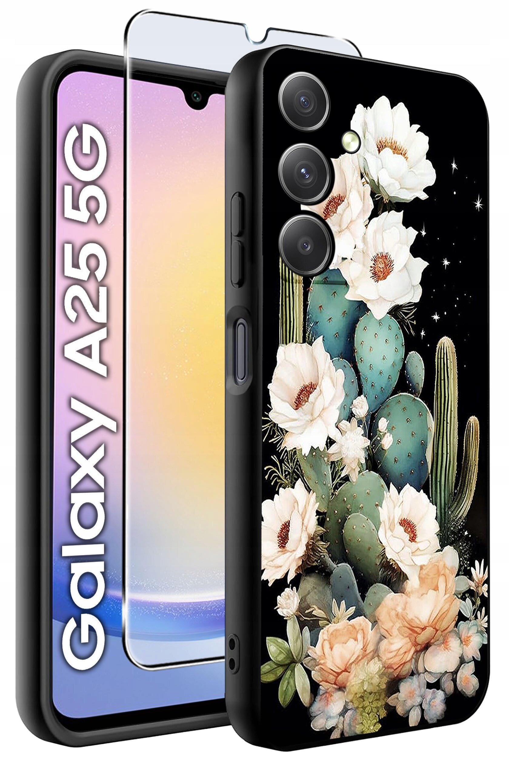 Obraz przedstawia etui na telefon z motywem kaktusów i kwiatów oraz szkło hartowane. Obok widoczny jest napis \'Galaxy A25 5G\'.