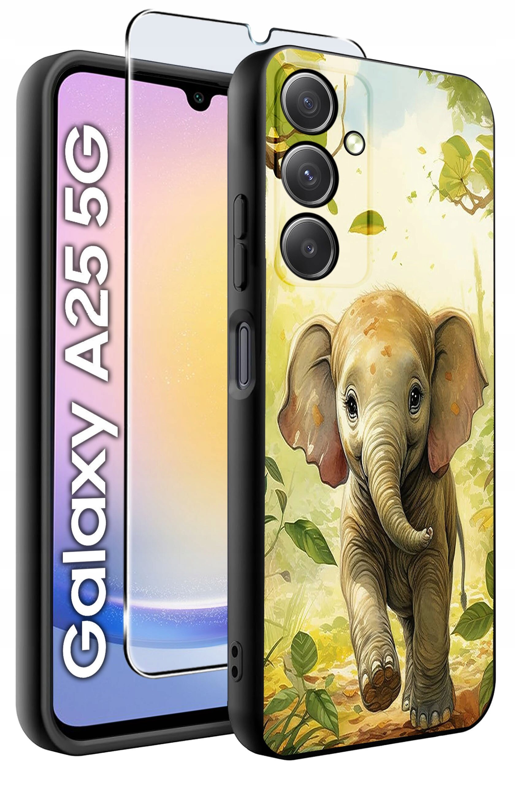 Etui na telefon z motywem słonia oraz szkło hartowane. Obok widoczny napis \'Galaxy A25 5G\'.