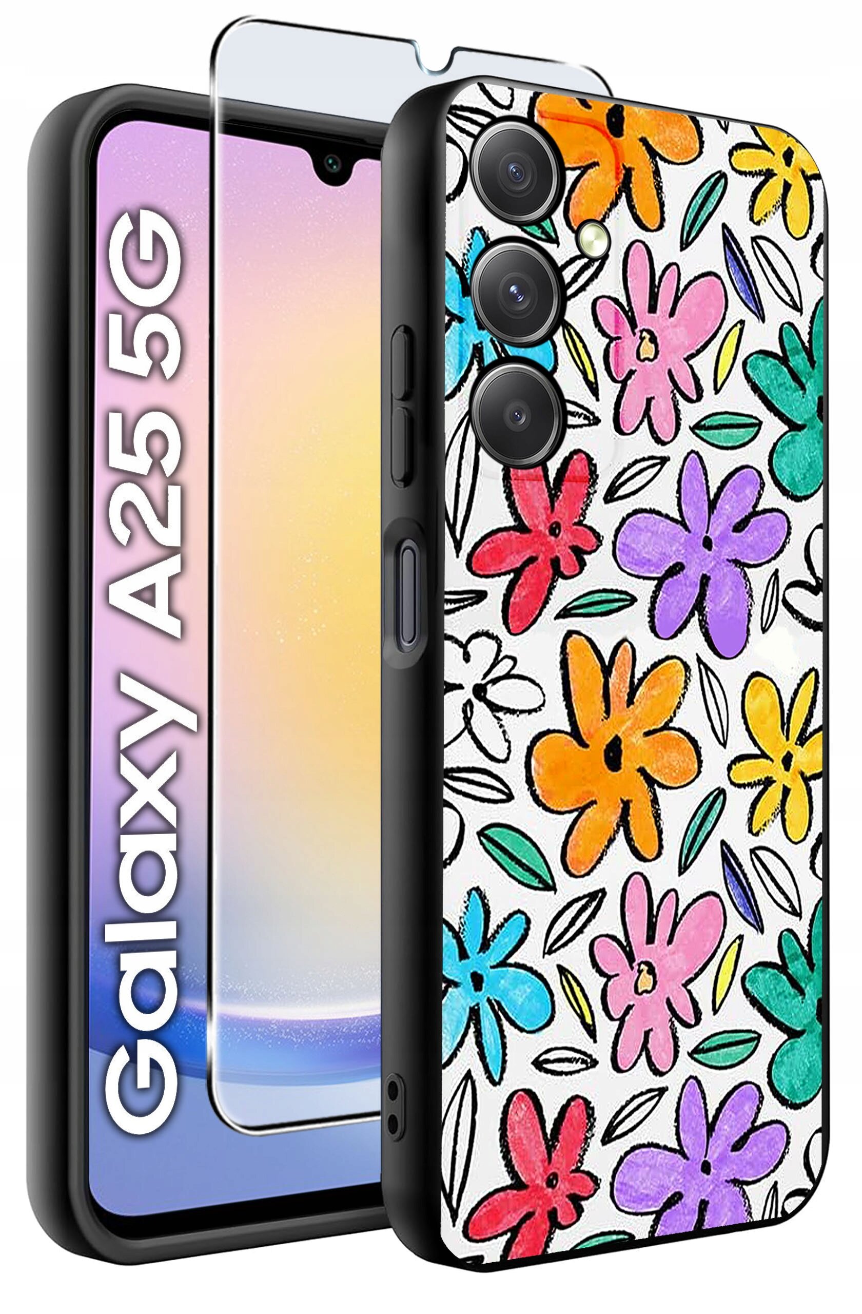 Obraz przedstawia etui na telefon z kolorowym wzorem kwiatów oraz szkło hartowane. Obok widoczny jest napis \'Galaxy A25 5G\'.