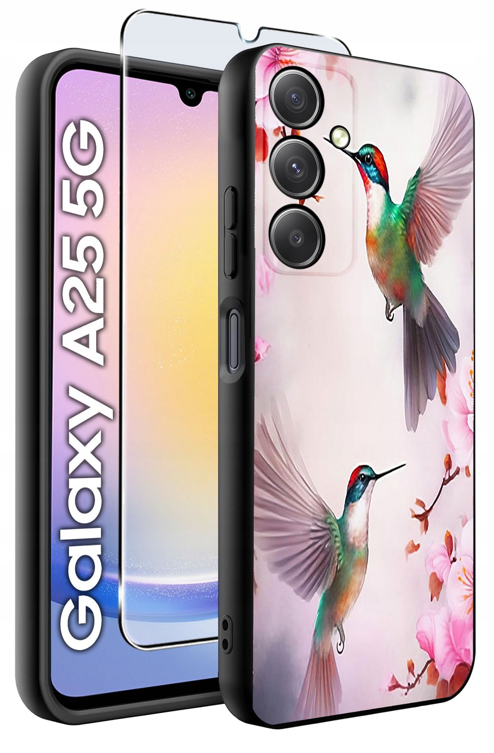 Obraz przedstawia etui na telefon z kolorowym wzorem kolibrów i kwiatów, obok którego znajduje się szkło hartowane. Na ekranie telefonu widoczny jest napis \'Galaxy A25 5G\'.