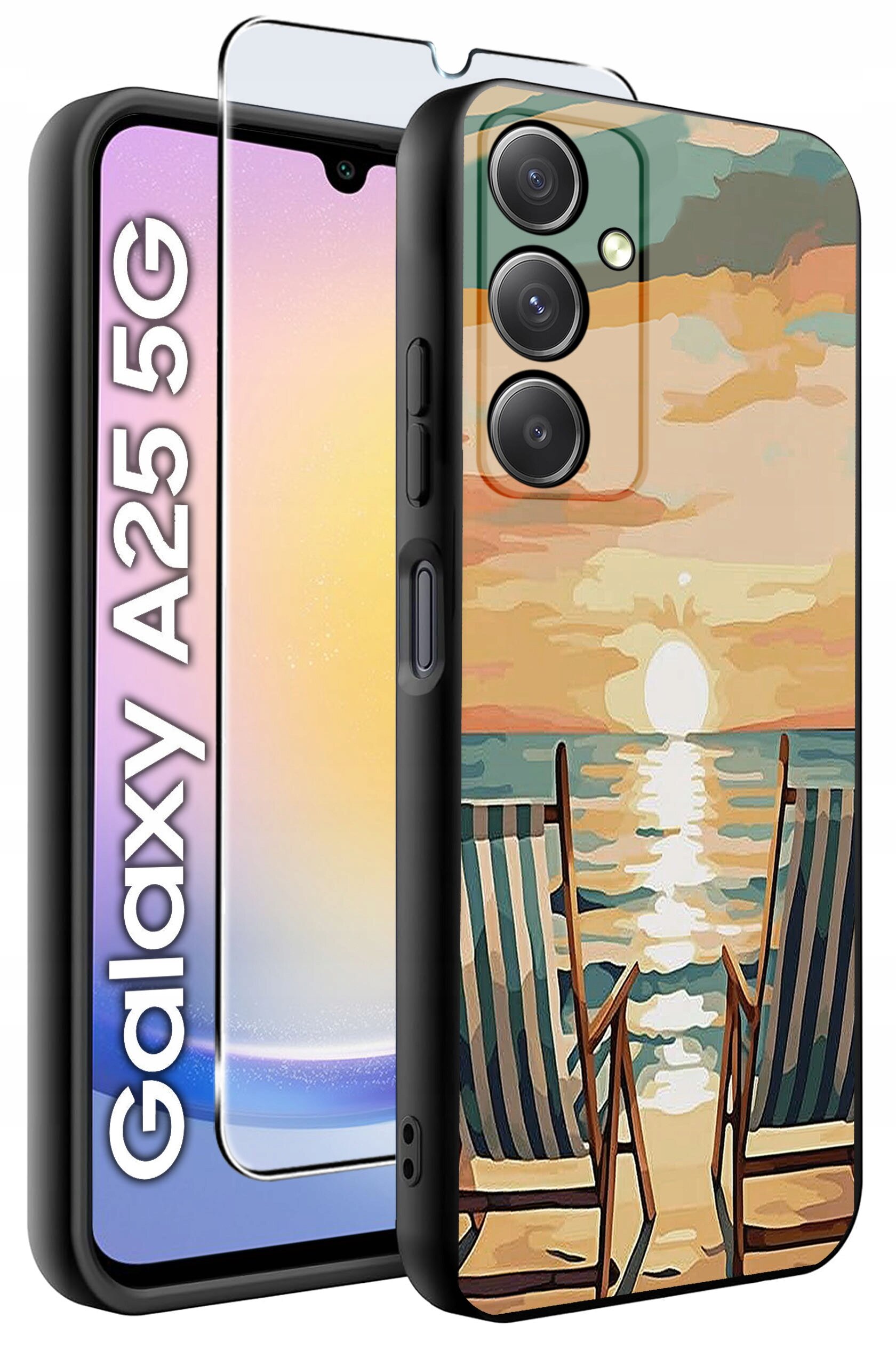Etui na telefon z nadrukiem przedstawiającym zachód słońca nad morzem z dwoma leżakami na plaży. Obok etui znajduje się szkło hartowane oraz napis \'Galaxy A25 5G\'.