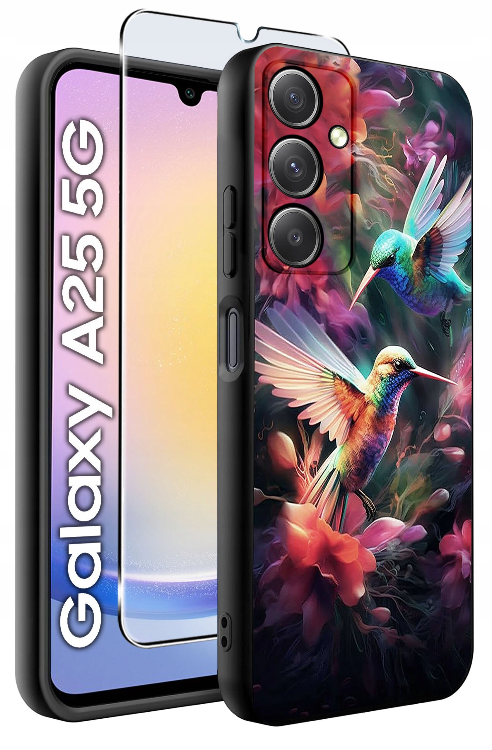 Etui na telefon z kolorowym wzorem przedstawiającym dwa kolibry wśród kwiatów, obok widoczna jest szybka ochronna. Na ekranie telefonu widoczny jest napis \'Galaxy A25 5G\'.