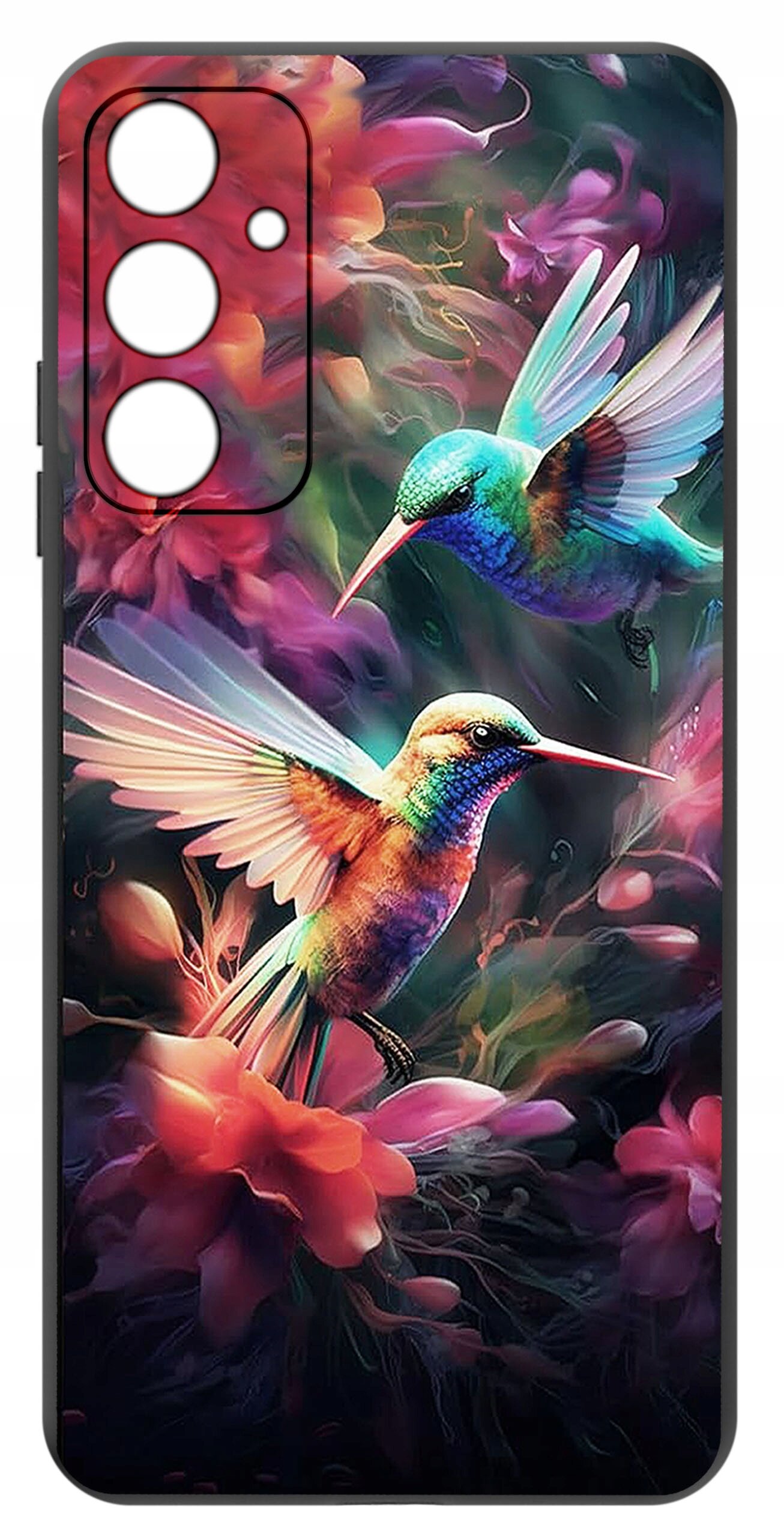 Etui na telefon z kolorowym wzorem przedstawiającym dwa kolibry wśród kwiatów. Tło jest pełne intensywnych barw, takich jak różowy, fioletowy i zielony.