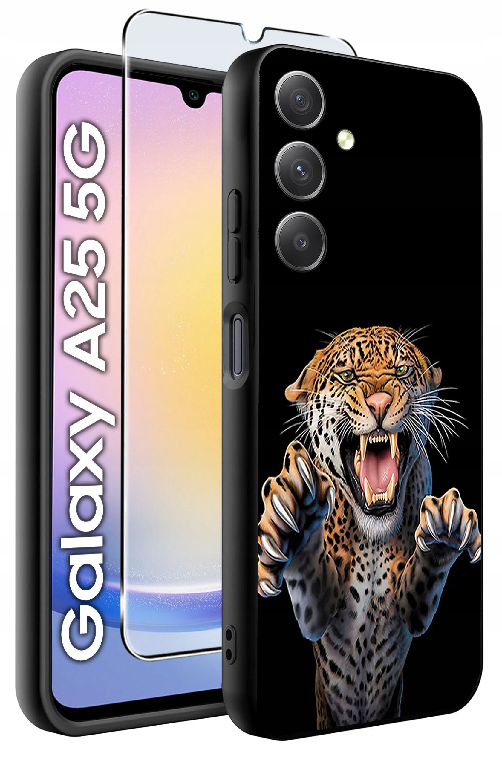 Obraz przedstawia etui na telefon z nadrukiem ryczącego lamparta oraz szkło hartowane. Obok widoczny jest napis \'Galaxy A25 5G\'.