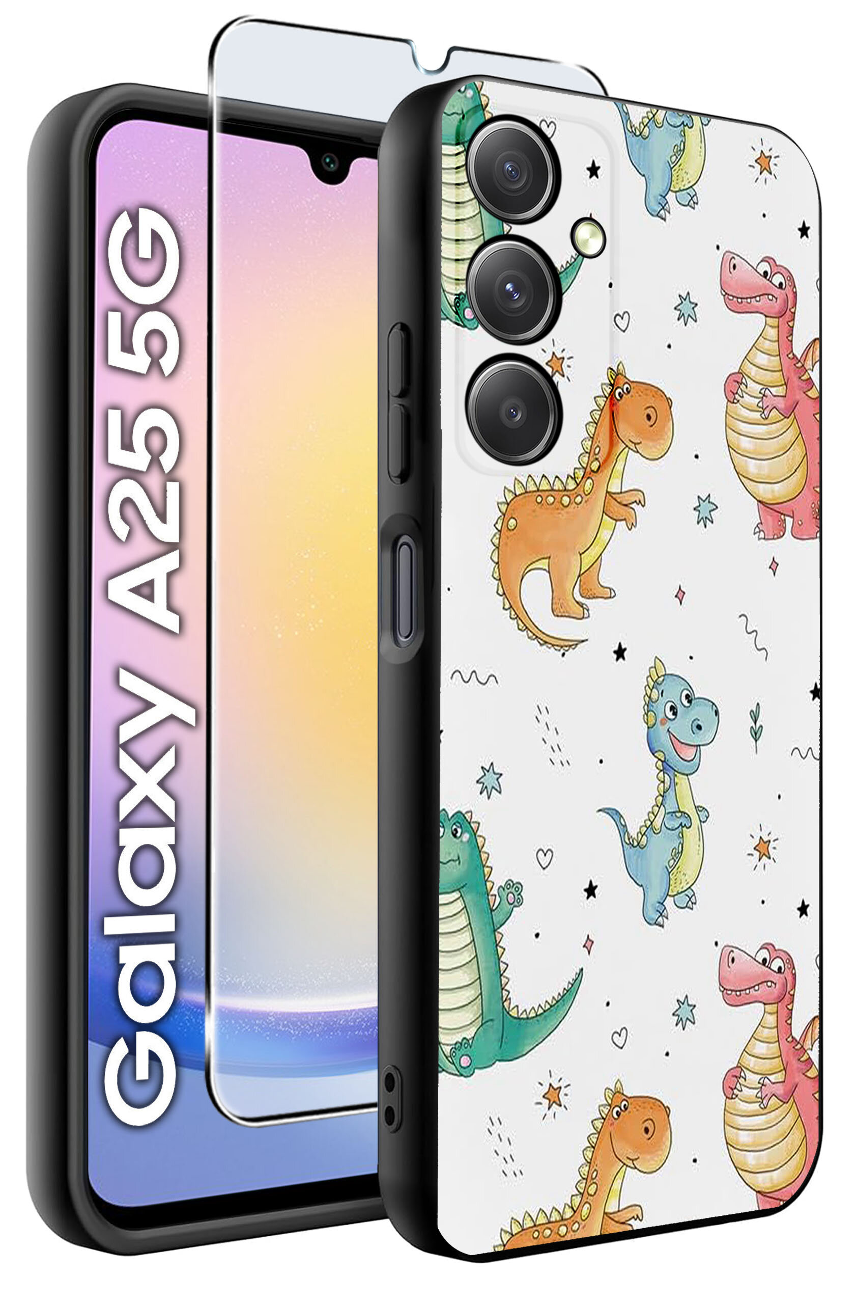 Obraz przedstawia etui na telefon z kolorowymi wzorami dinozaurów oraz szkło hartowane. Obok widoczny jest napis \'Galaxy A25 5G\'.