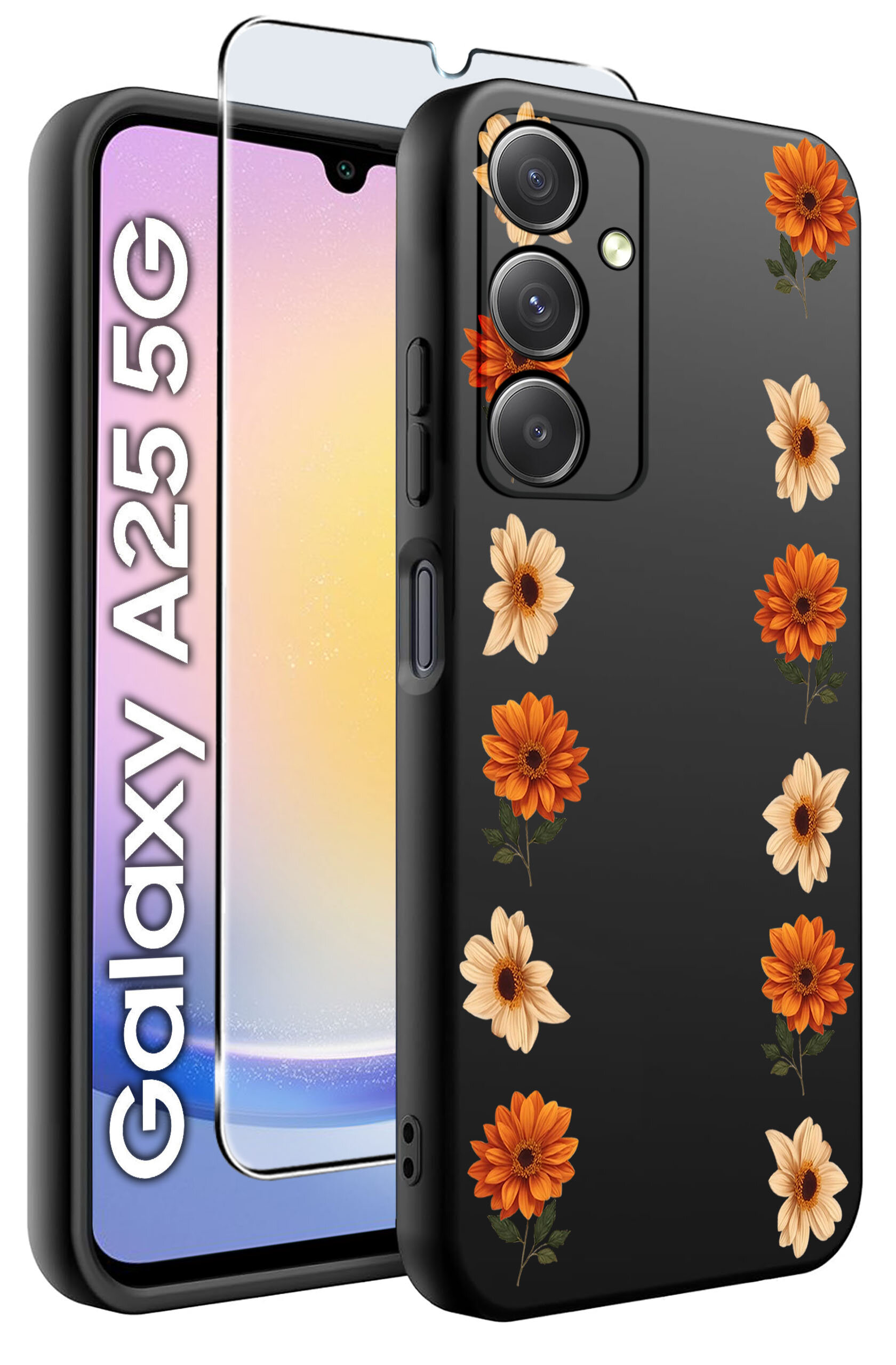 Czarne etui na telefon z wzorem pomarańczowych i kremowych kwiatów oraz szkło hartowane. Obok widoczny jest napis \'Galaxy A25 5G\'.