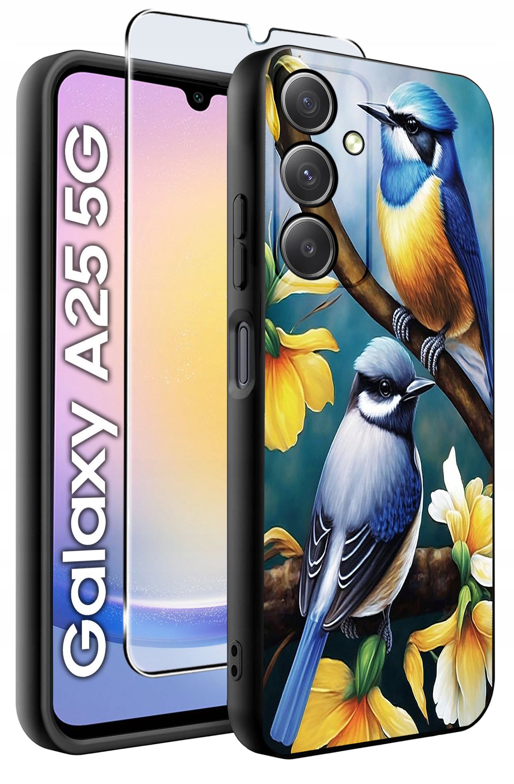 Obraz przedstawia etui na telefon z kolorowym wzorem ptaków siedzących na gałęzi z kwiatami. Obok etui widoczna jest szybka ochronna oraz napis \'Galaxy A25 5G\'.