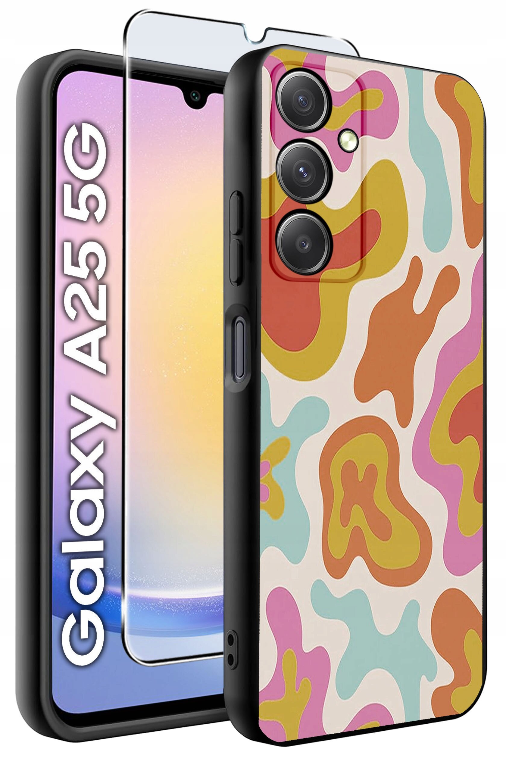 Obraz przedstawia etui na telefon z kolorowym, abstrakcyjnym wzorem oraz szkło hartowane. Na ekranie telefonu widoczny jest tekst: \'Galaxy A25 5G\'.