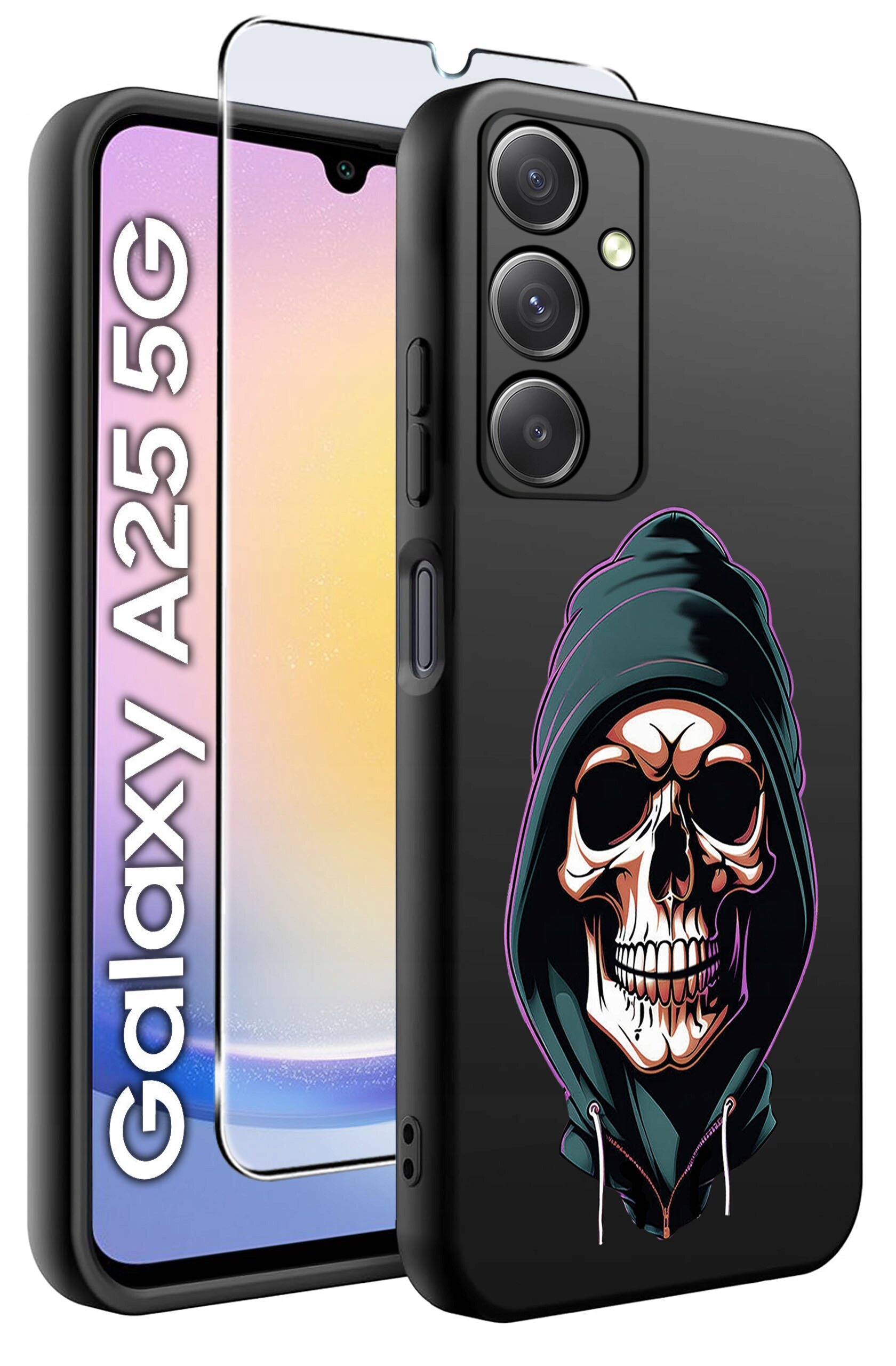 Czarne etui na telefon z nadrukiem czaszki w kapturze, obok szkło hartowane. Na ekranie telefonu widoczny tekst: \'Galaxy A25 5G\'.