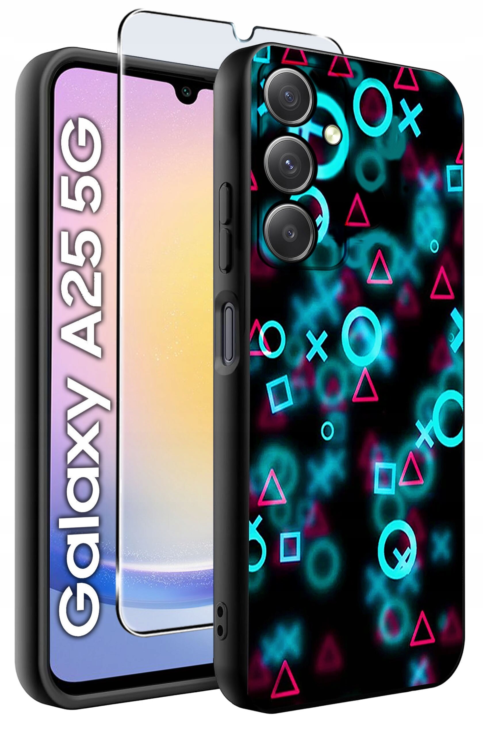 Obraz przedstawia etui na telefon z kolorowymi wzorami geometrycznymi oraz szkło hartowane. Na ekranie telefonu widoczny jest napis \'Galaxy A25 5G\'.