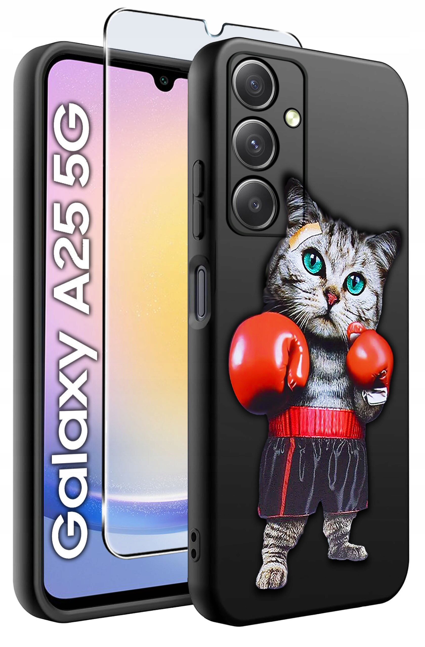 Etui na telefon z nadrukiem kota w rękawicach bokserskich, obok widoczne szkło hartowane. Na ekranie telefonu napis \'Galaxy A25 5G\'.
