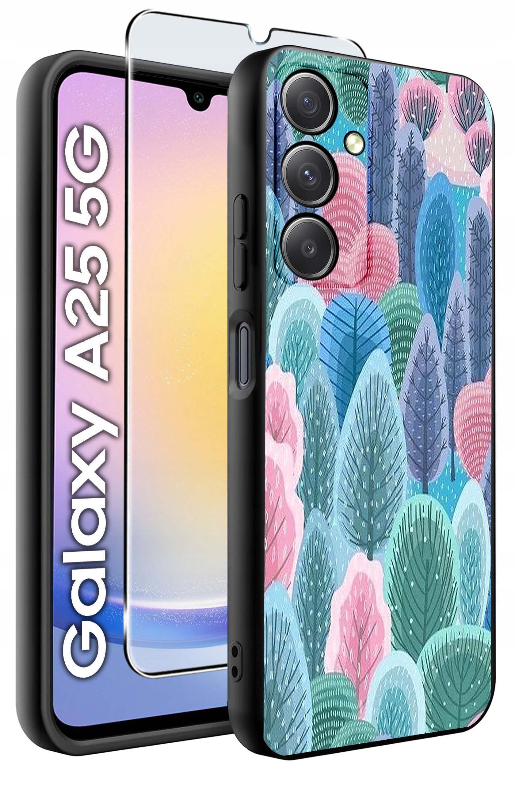 Obraz przedstawia etui na telefon z kolorowym wzorem drzew oraz szkło hartowane. Na ekranie telefonu widoczny jest napis \'Galaxy A25 5G\'.