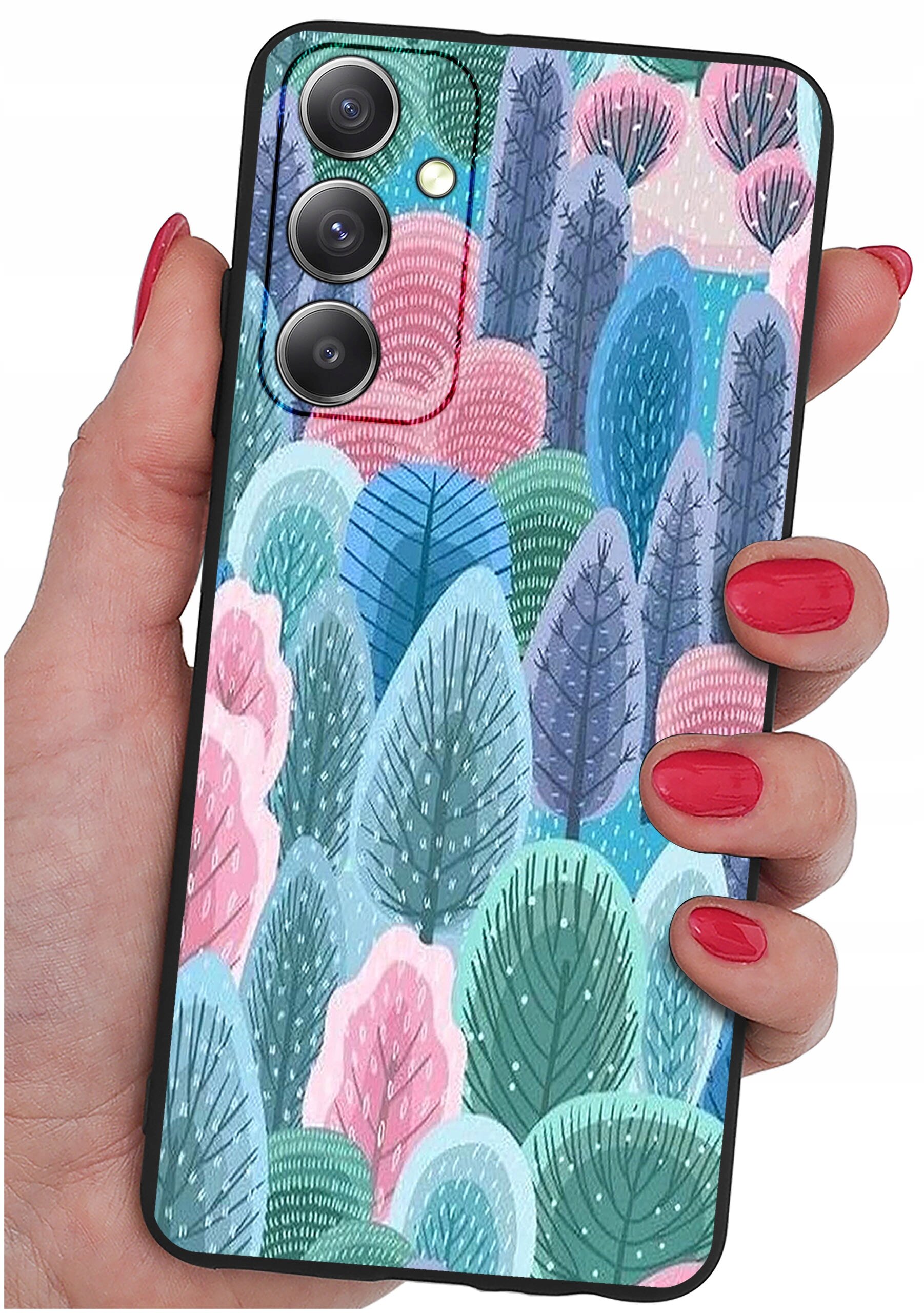 Etui na telefon z kolorowym wzorem przedstawiającym różnobarwne liście w odcieniach różu, niebieskiego i zieleni. Etui trzymane jest w dłoni z pomalowanymi na czerwono paznokciami.