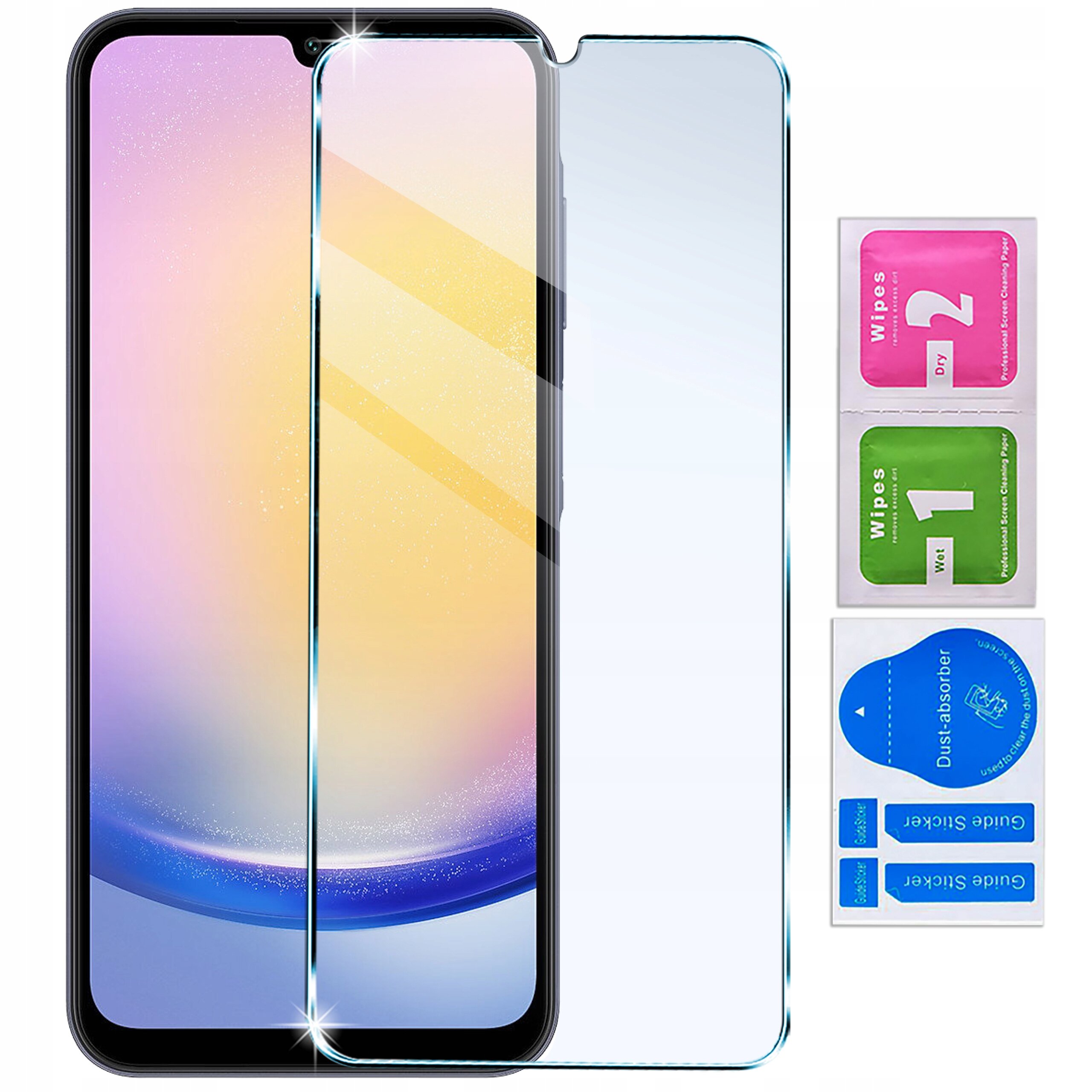 Na obrazie widoczny jest telefon z nałożonym szkłem ochronnym na ekran. Obok znajdują się trzy saszetki z napisami: \'Wipes 1 Wet\', \'Wipes 2 Dry\' oraz \'Dust absorber\'.
