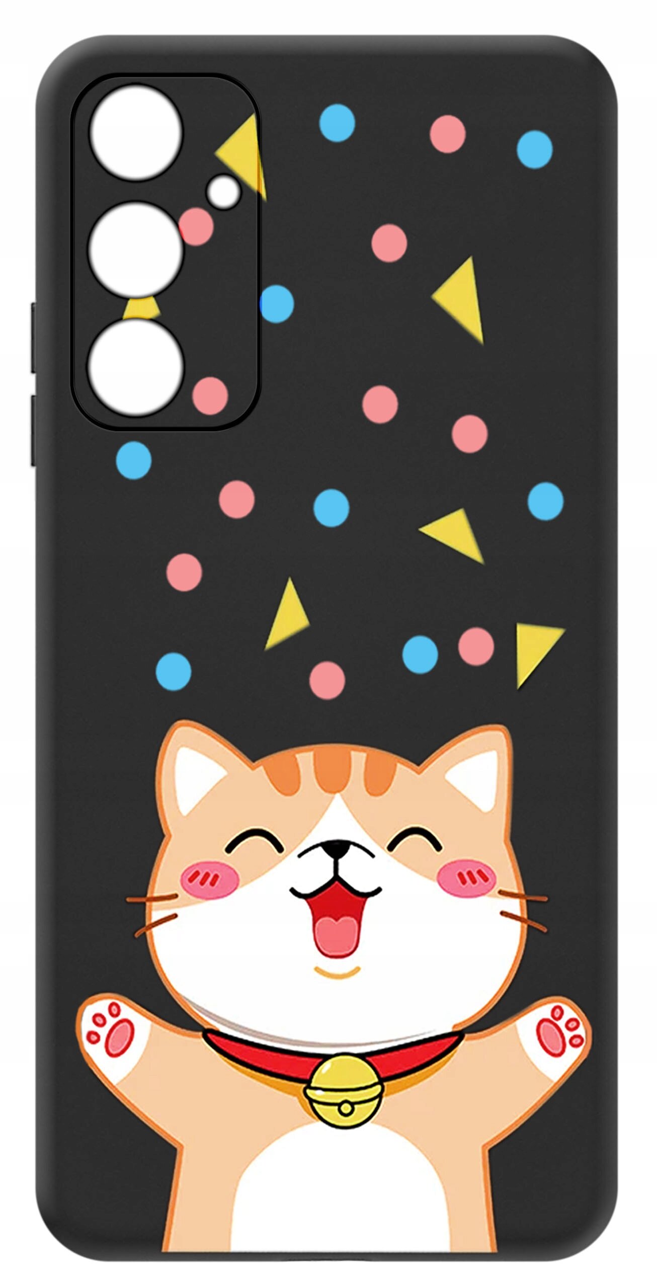 Czarne etui z rysunkiem uśmiechniętego kota z dzwoneczkiem na szyi, otoczonego kolorowymi kropkami i trójkątami. Etui ma wycięcia na trzy obiektywy aparatu.