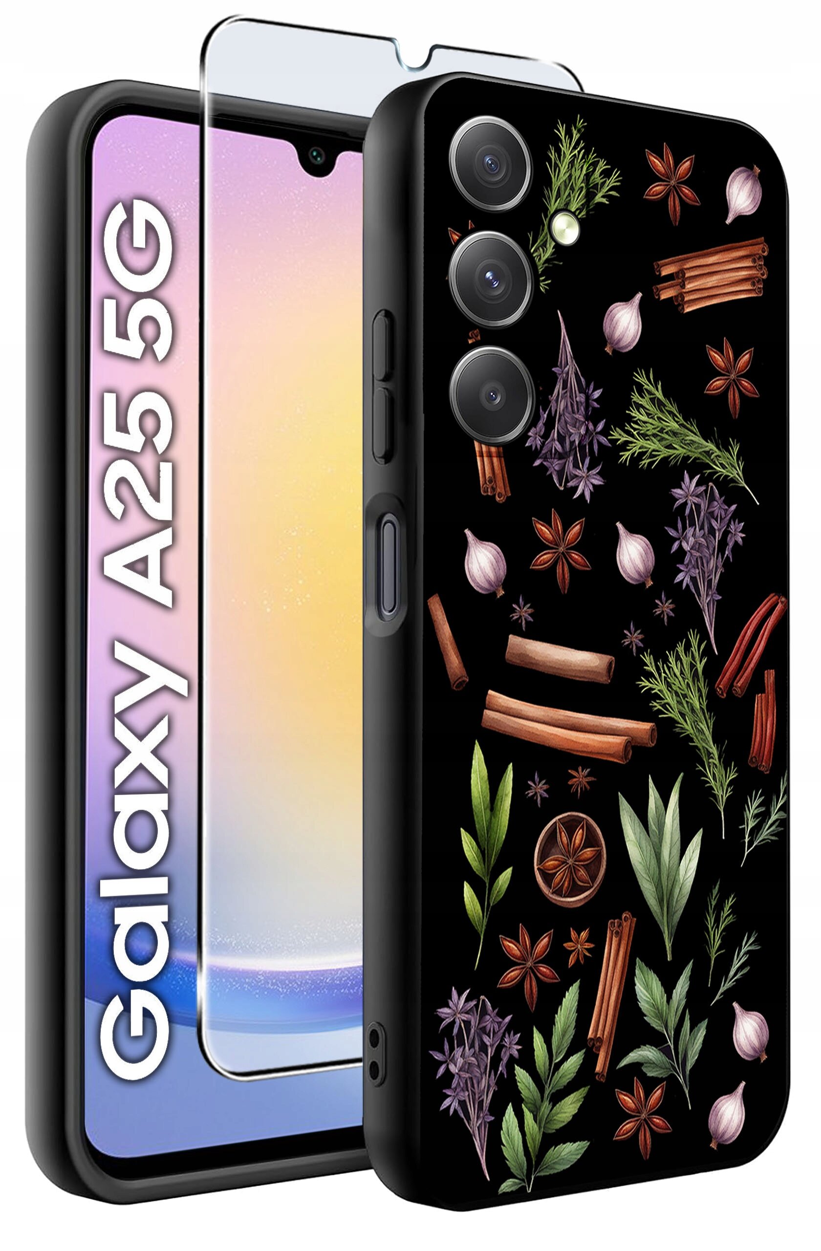 Obraz przedstawia etui na telefon z wzorem ziół i przypraw na czarnym tle oraz szkło hartowane. Obok widoczny jest napis \'Galaxy A25 5G\'.
