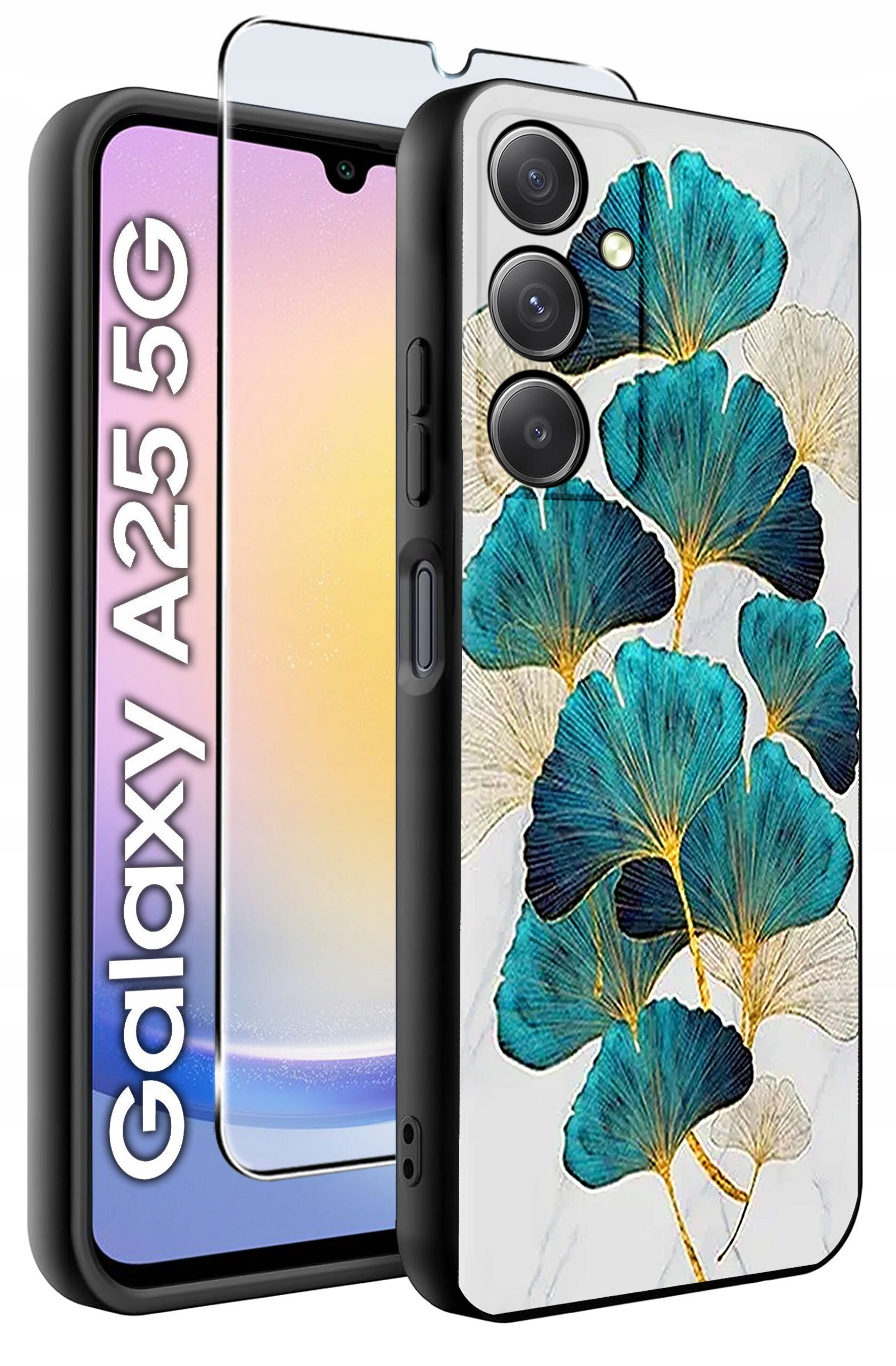 Obraz przedstawia etui na telefon z wzorem niebiesko-zielonych liści na białym tle oraz szkło hartowane. Obok widoczny jest napis \'Galaxy A25 5G\'.