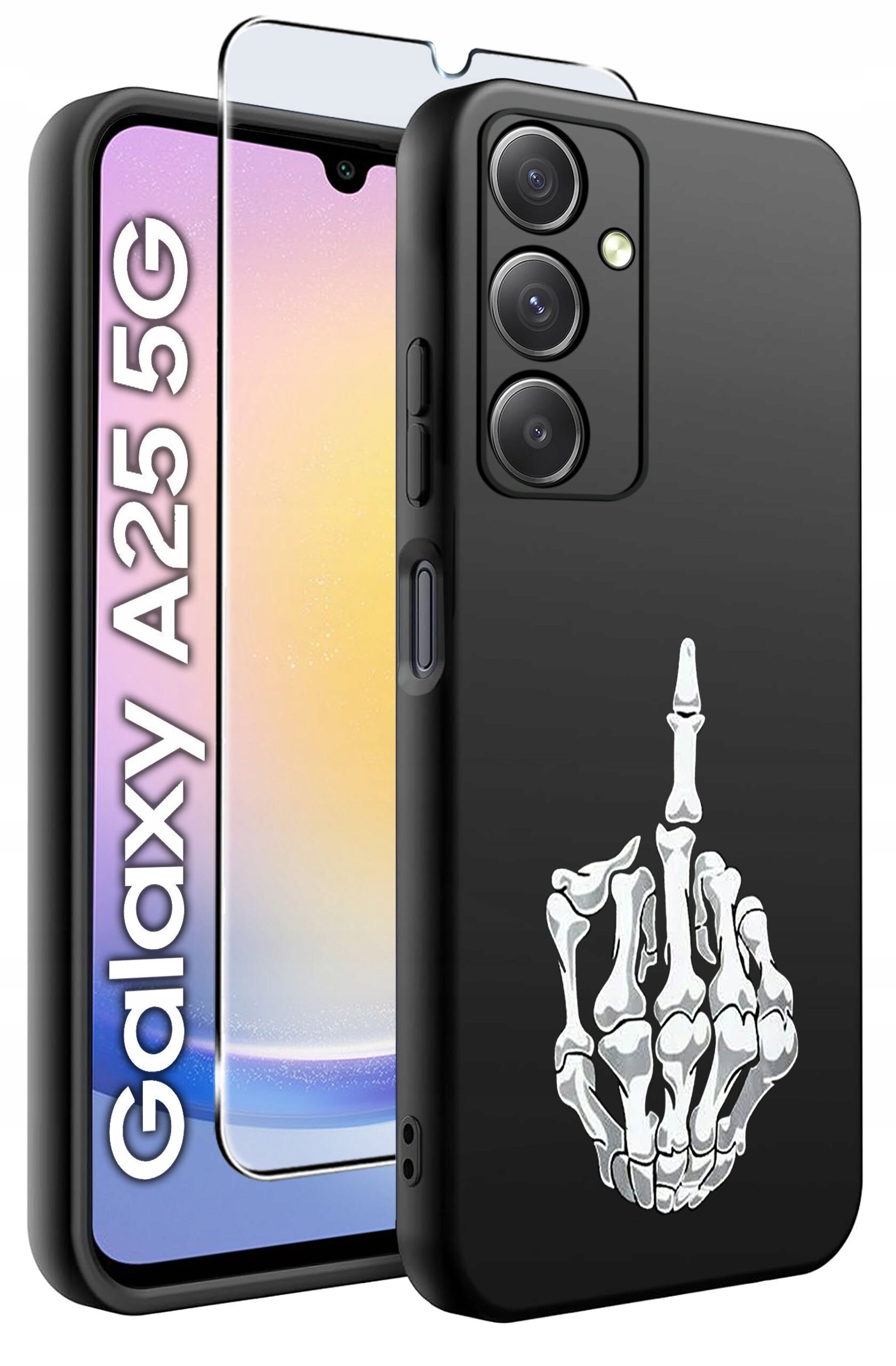 Czarne etui na telefon z nadrukiem białego szkieletu dłoni pokazującego środkowy palec, obok znajduje się szkło hartowane. Na ekranie telefonu widoczny jest tekst \'Galaxy A25 5G\'.