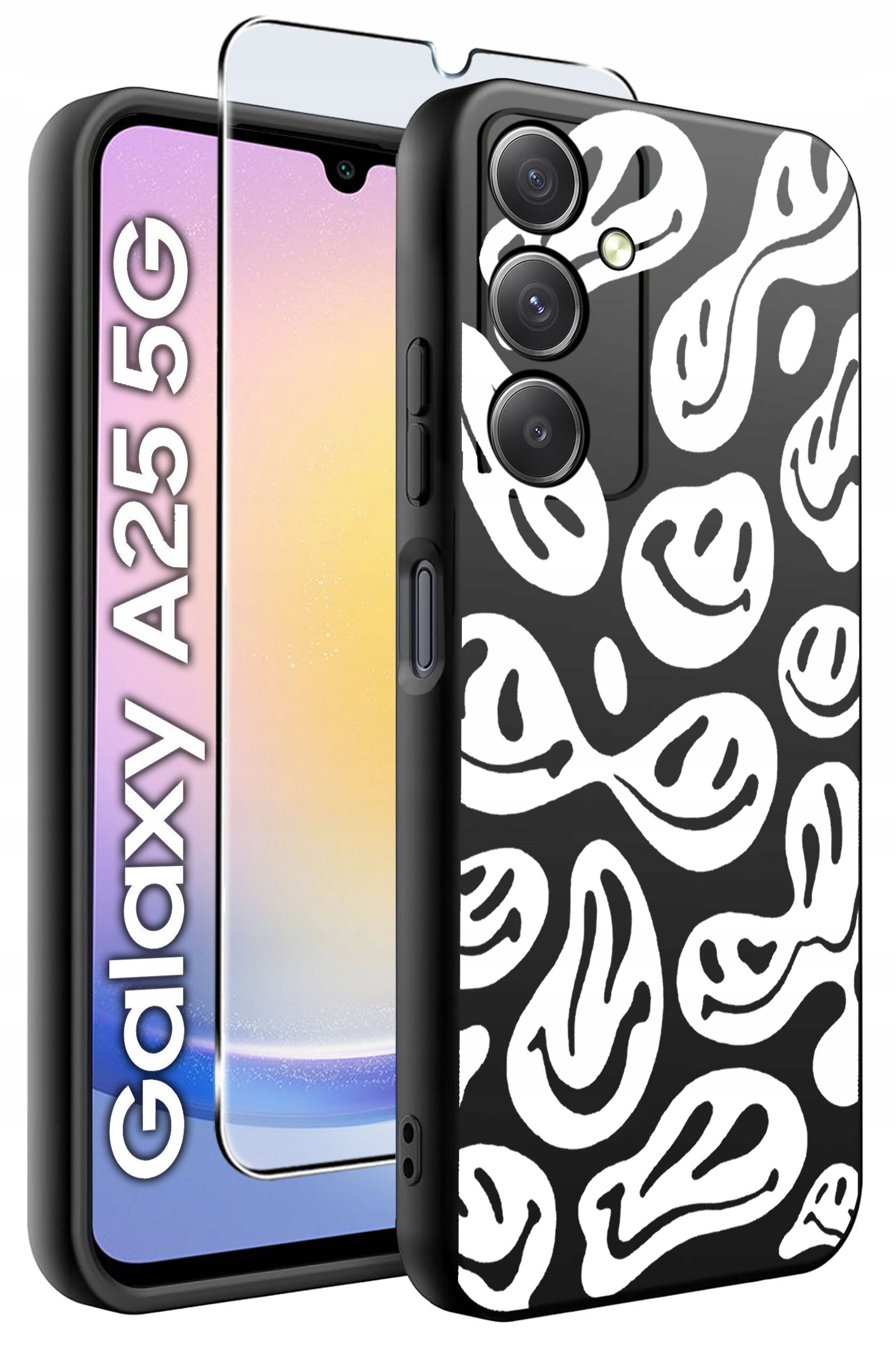 Obraz przedstawia czarne etui z białymi wzorami na telefon Samsung A25 5G oraz szkło hartowane. Na ekranie telefonu widoczny jest tekst: \'Galaxy A25 5G\'.