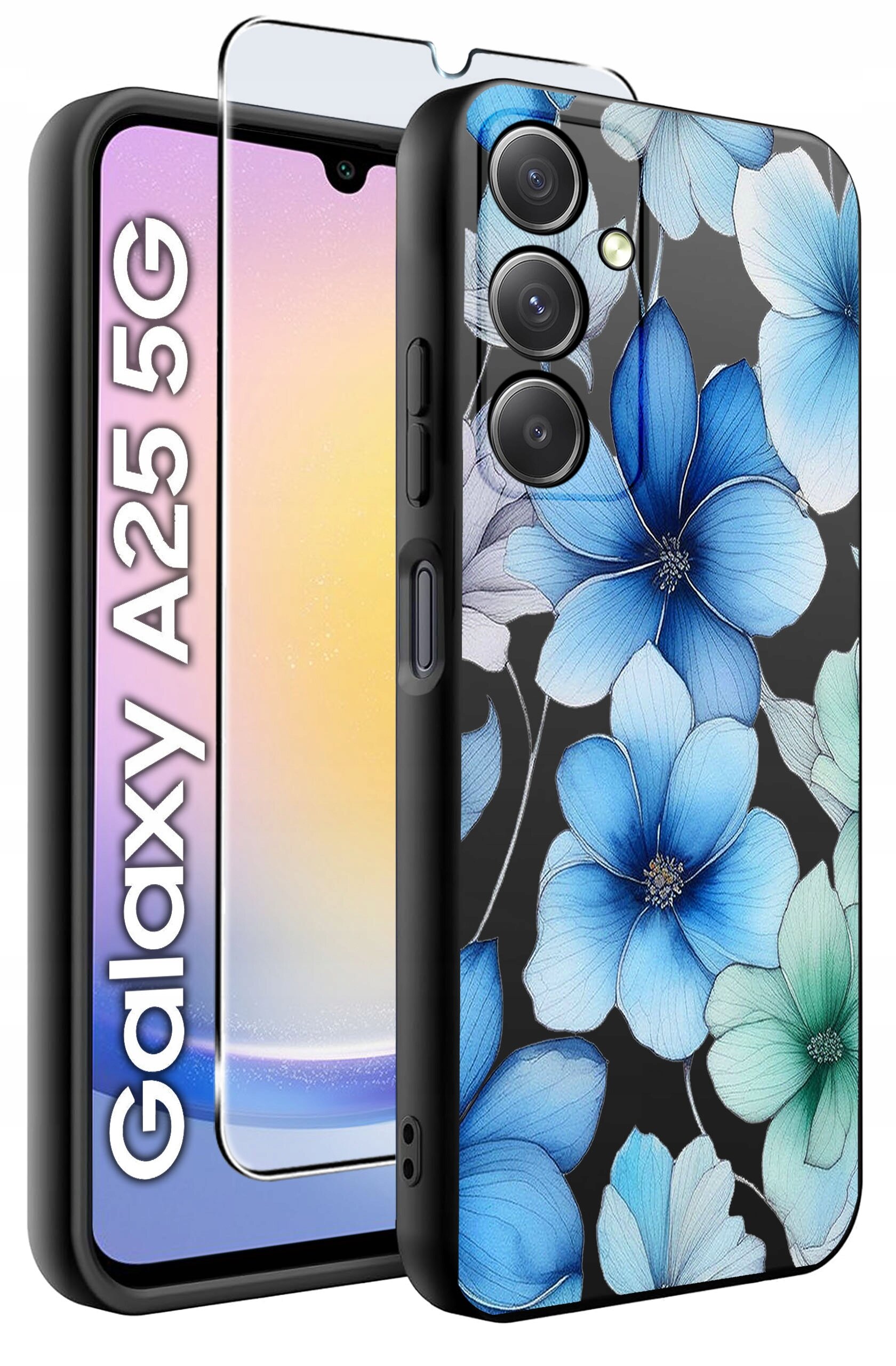 Obraz przedstawia etui na telefon z wzorem niebieskich kwiatów oraz szkło hartowane. Na ekranie telefonu widoczny jest tekst: \'Galaxy A25 5G\'.