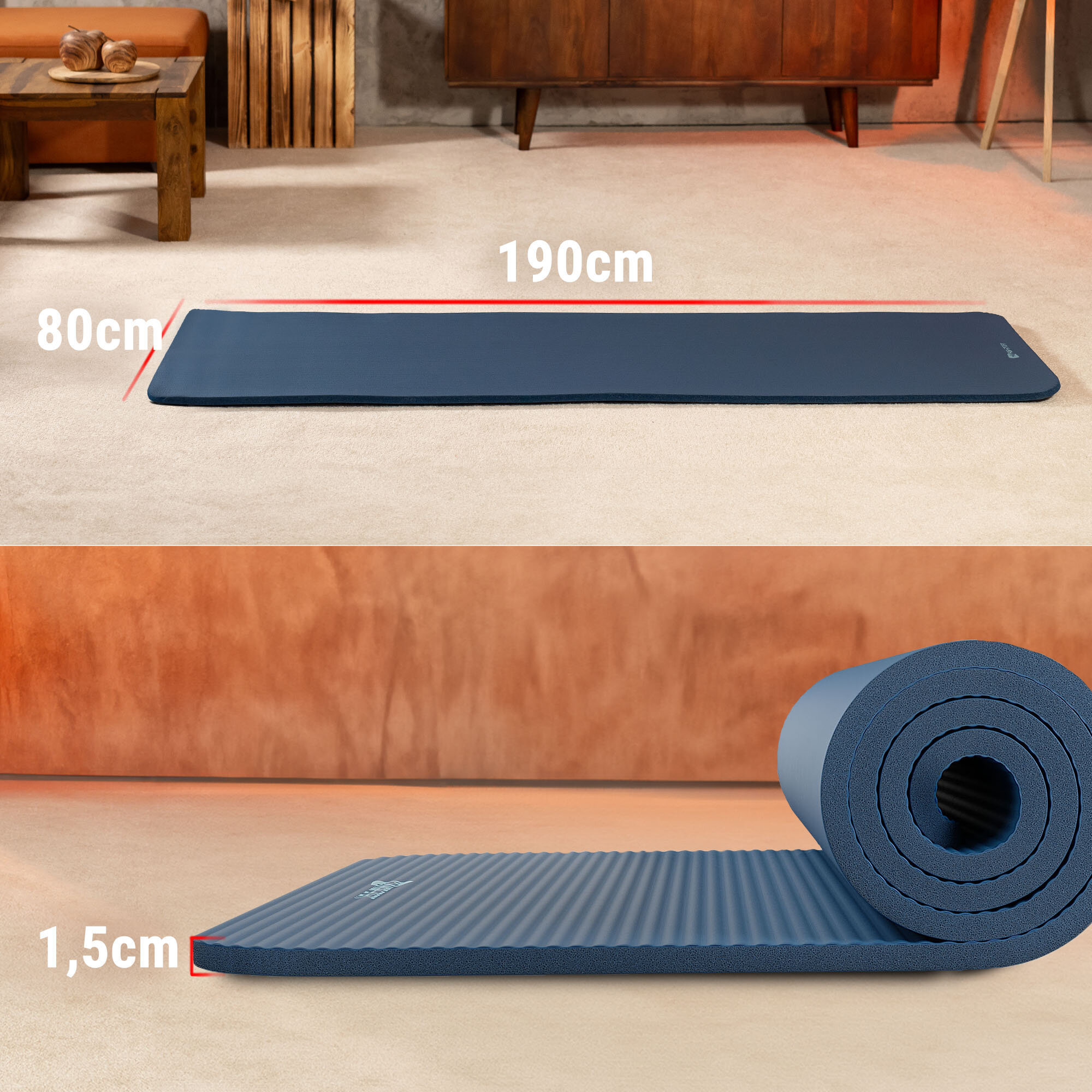 Na obrazie widoczna jest mata fitness w kolorze morskim o wymiarach 190x80 cm i grubości 1,5 cm. Mata jest rozłożona na podłodze oraz częściowo zwinięta, z widocznymi oznaczeniami wymiarów.