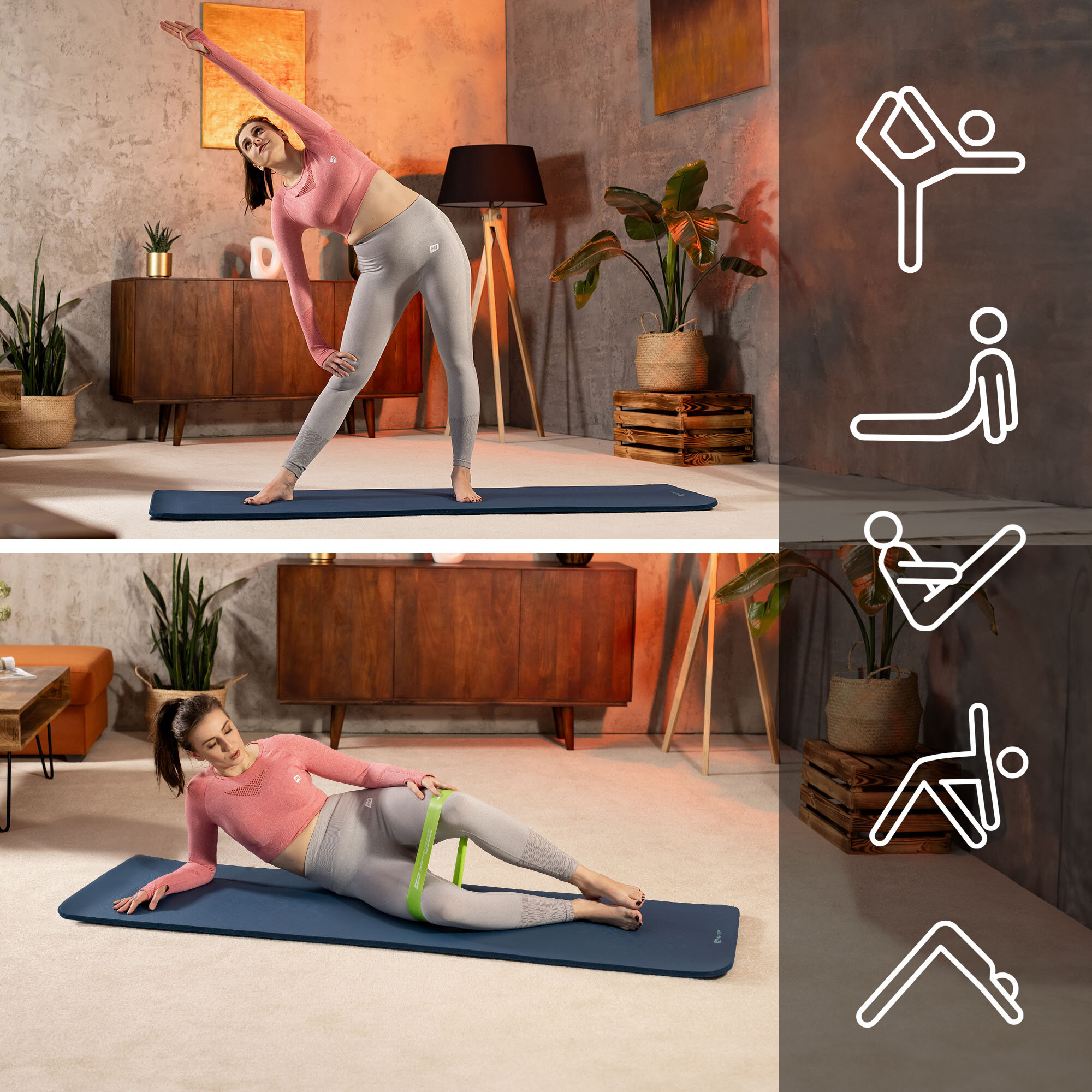 Dwie kobiety ćwiczą na niebieskiej macie fitness w pomieszczeniu z drewnianymi meblami i roślinami. Obok widoczne są ikony przedstawiające różne pozycje ćwiczeń.