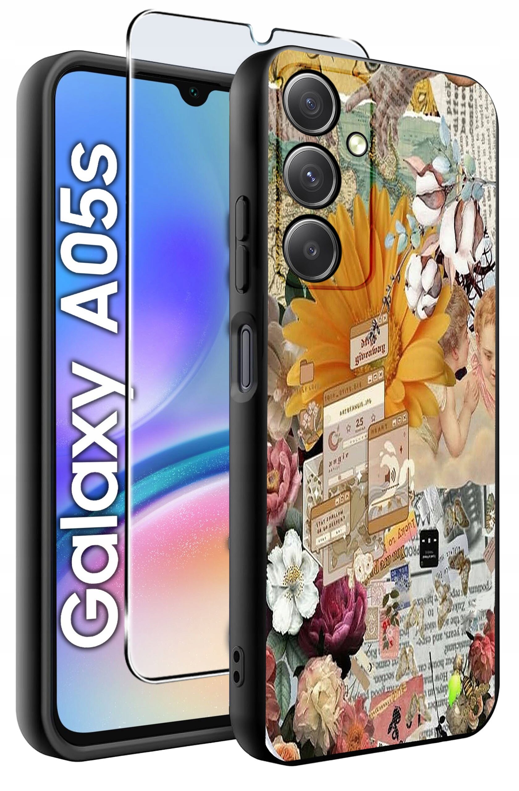 Etui na telefon z kolorowym, kwiatowym wzorem oraz szkło ochronne. Obok widoczny jest napis \'Galaxy A05s\'.