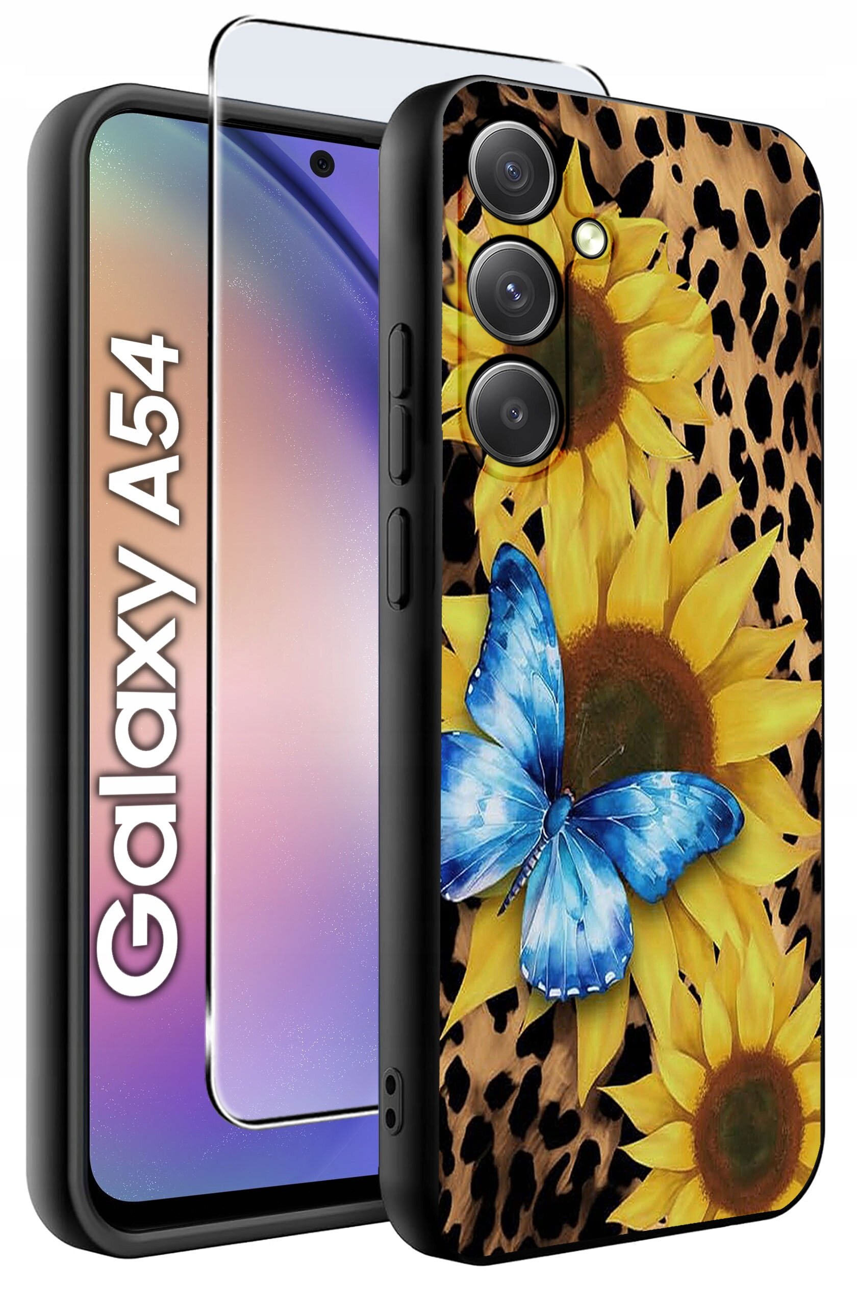 Etui na telefon z motywem słoneczników i niebieskiego motyla na tle w cętki, obok szkło ochronne. Widoczny napis: \'Galaxy A54\'.