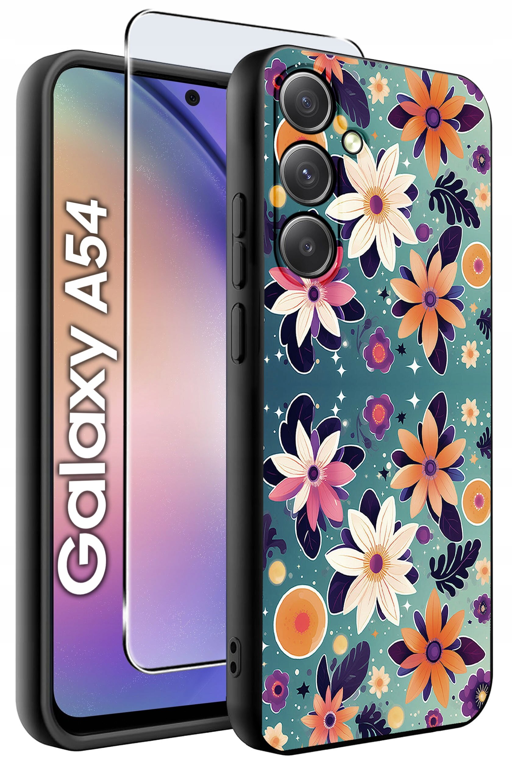 Etui do telefonu z kolorowym wzorem kwiatowym oraz szkło ochronne. Widoczny napis: \'Galaxy A54\'.