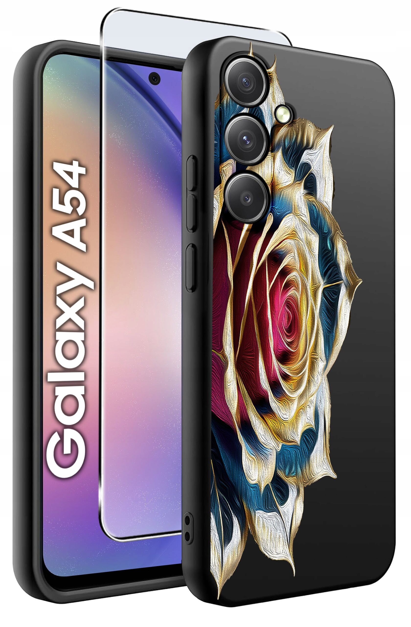 Obraz przedstawia etui na telefon z wzorem kolorowej róży oraz szkło ochronne. Obok widoczny jest napis \'Galaxy A54\'.