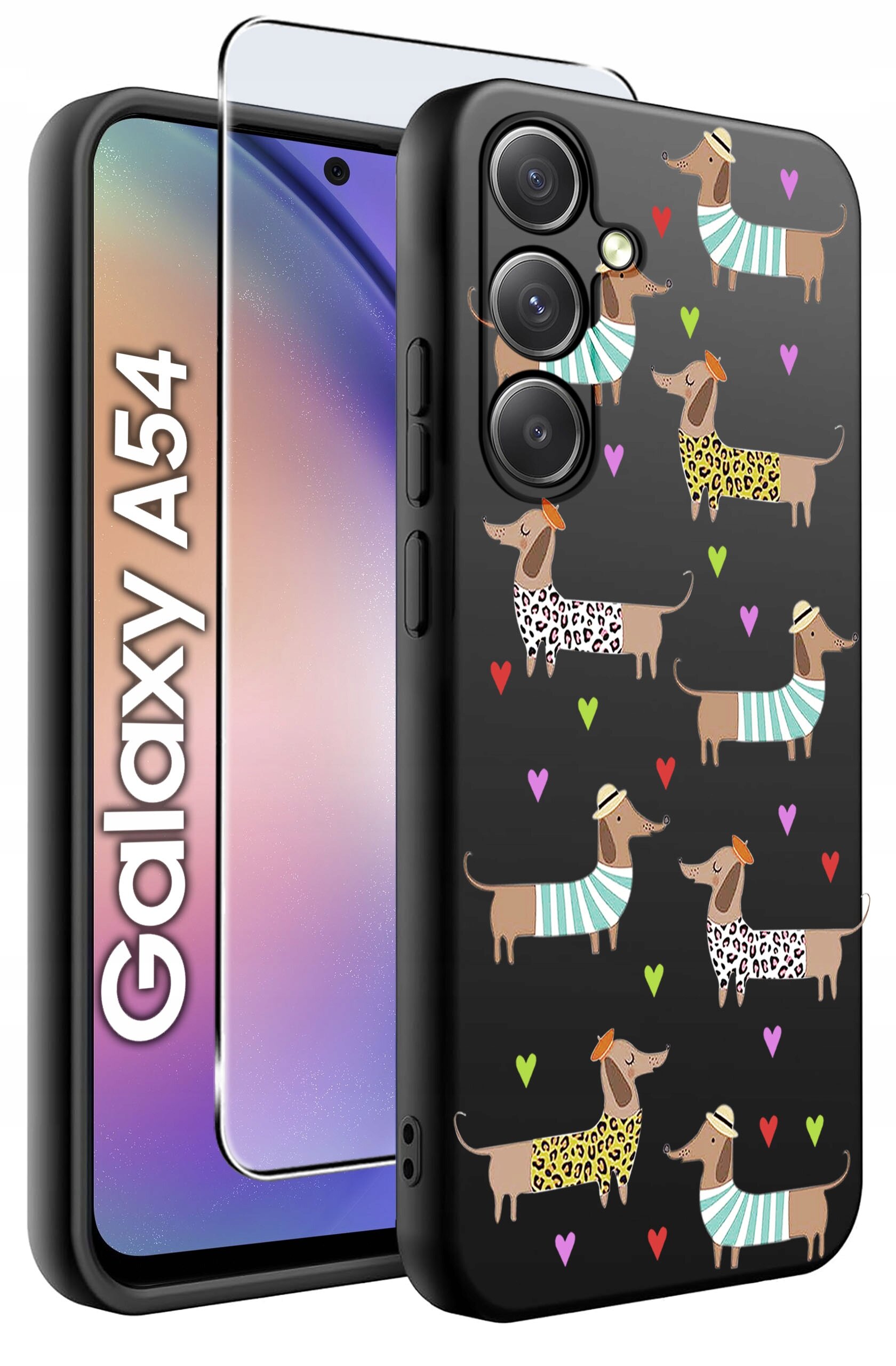 Etui na telefon z wzorem jamników w ubrankach i kolorowymi sercami, obok szkło ochronne. Widoczny napis: Galaxy A54.