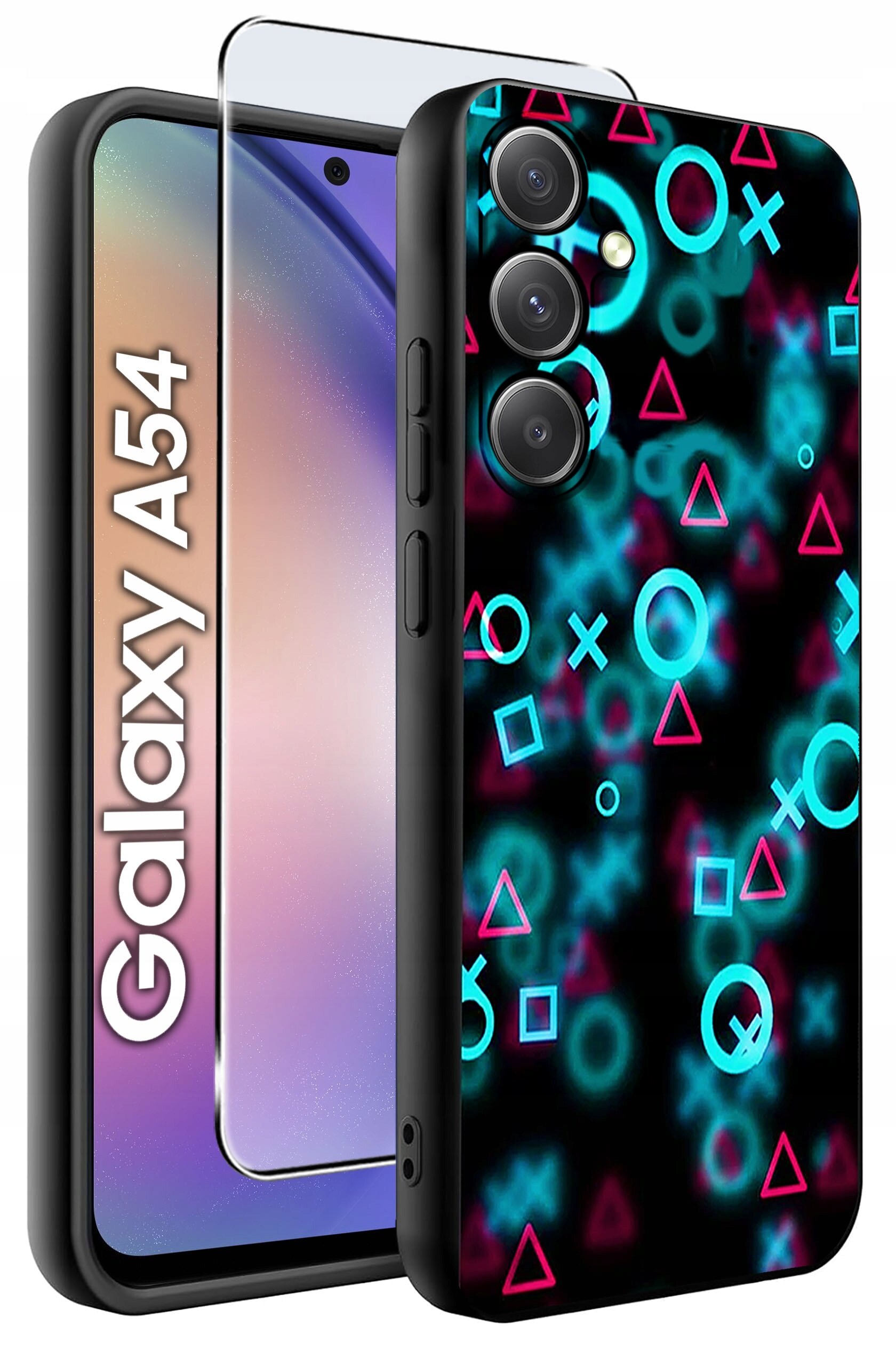 Obraz przedstawia etui na telefon z kolorowymi wzorami geometrycznymi oraz szkło ochronne. Na ekranie telefonu widoczny jest napis \'Galaxy A54\'.