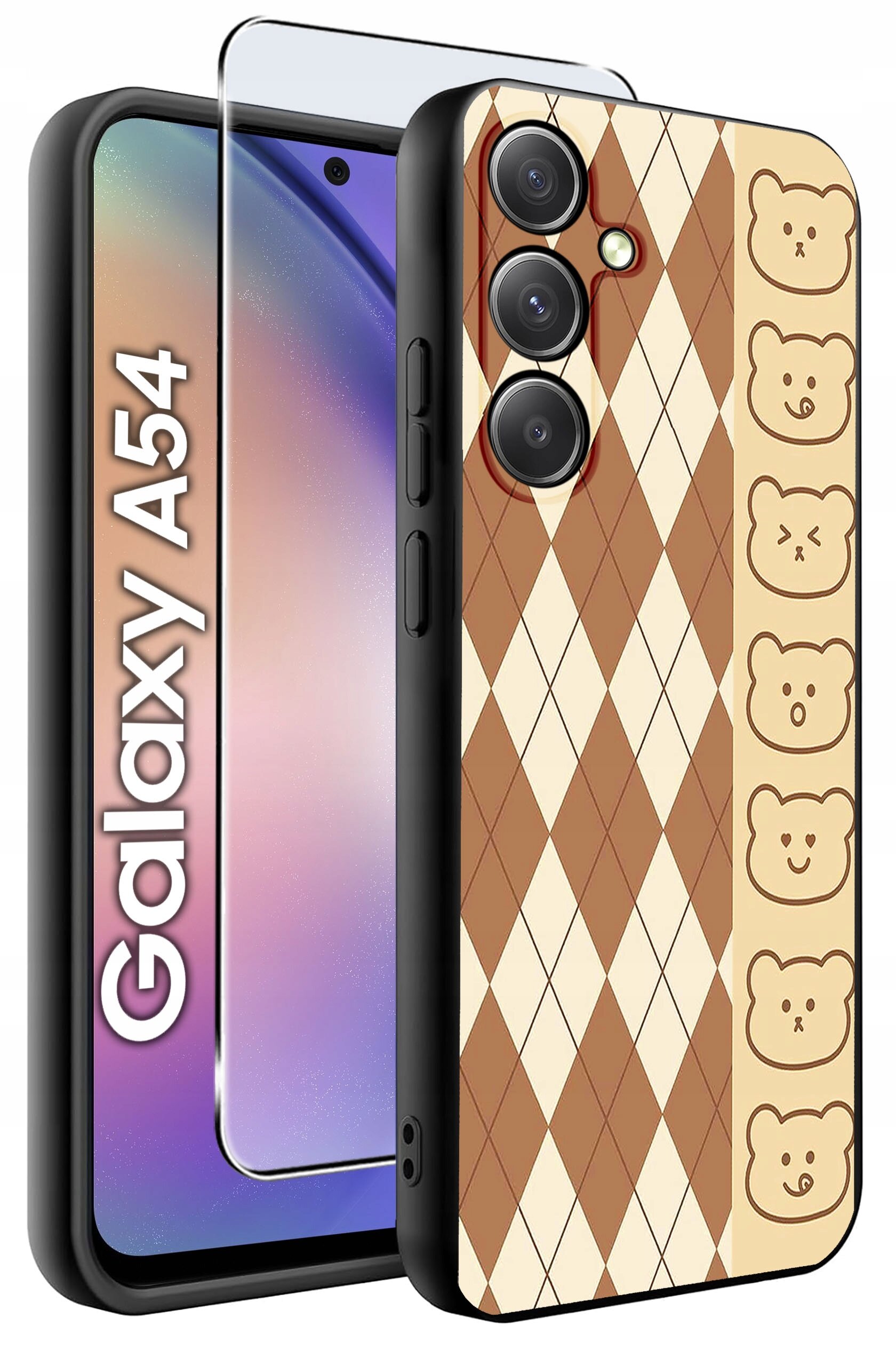 Etui do telefonu z wzorem w romby i rysunkami misiów, obok szkło ochronne. Widoczny napis: Galaxy A54.
