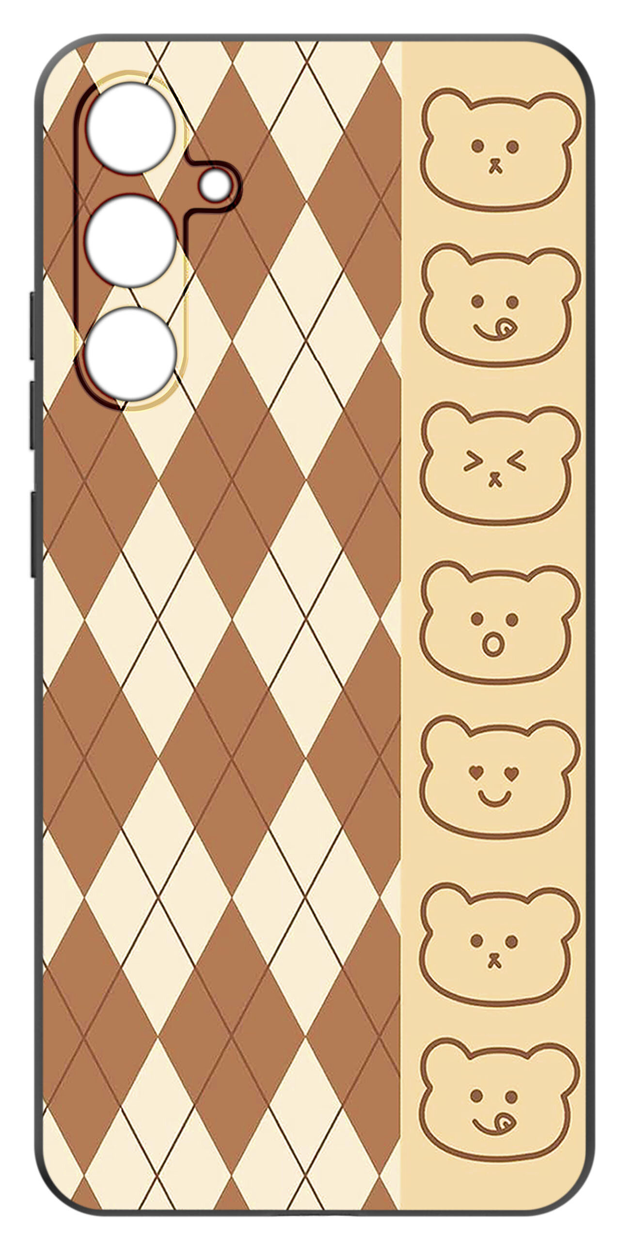Etui na telefon z wzorem w romby w kolorach brązowym i kremowym oraz rzędem rysunków misiów po prawej stronie.