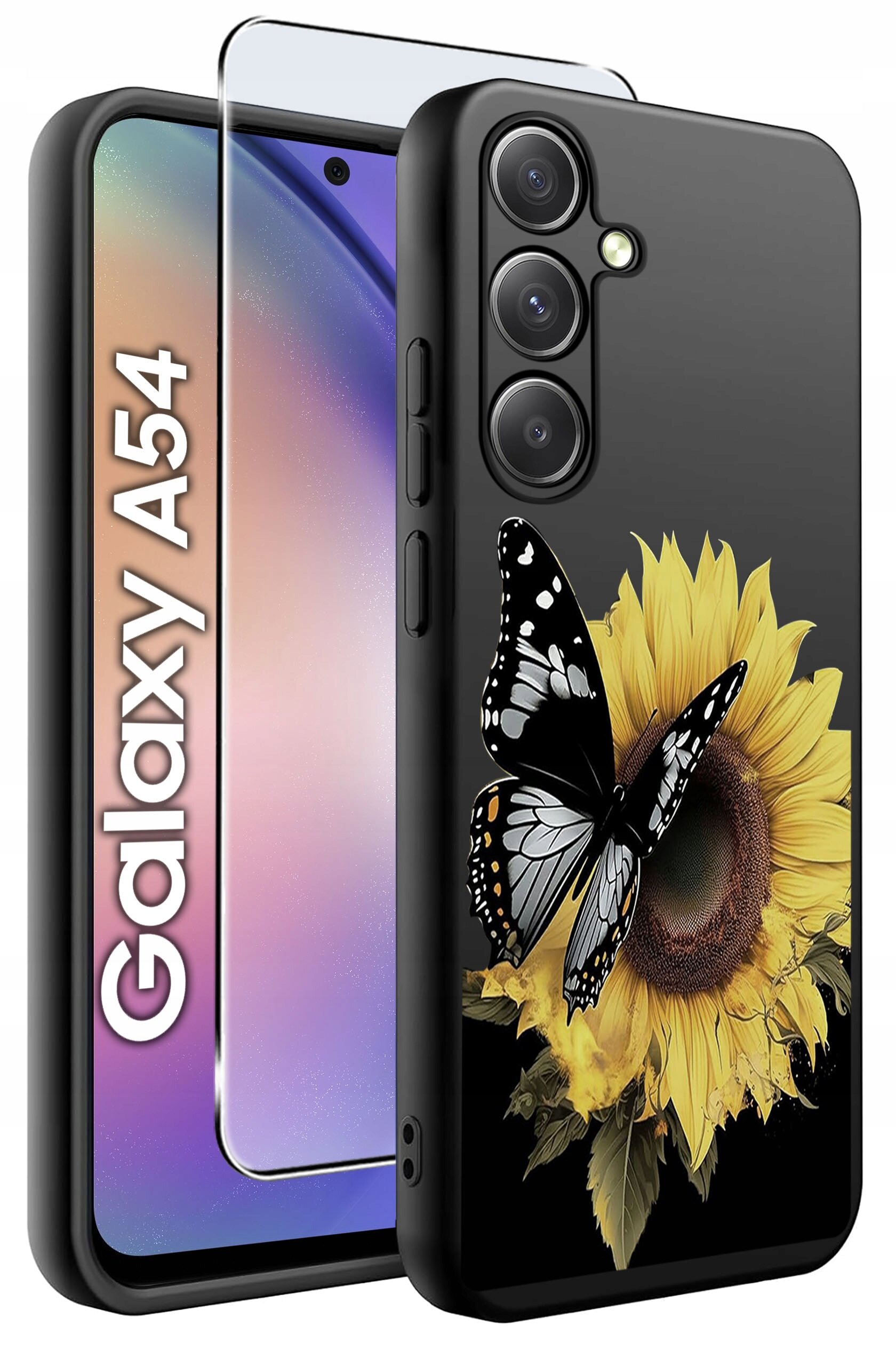 Obraz przedstawia czarne etui na telefon z nadrukiem słonecznika i motyla oraz szkło ochronne. Obok widoczny jest telefon z napisem \'Galaxy A54\'.
